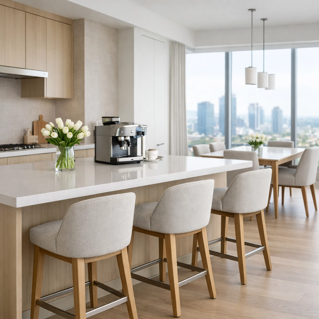 Luxury furnished apartment in Downtown Bellevue with an open-concept kitchen and floor-to-ceiling city views.
