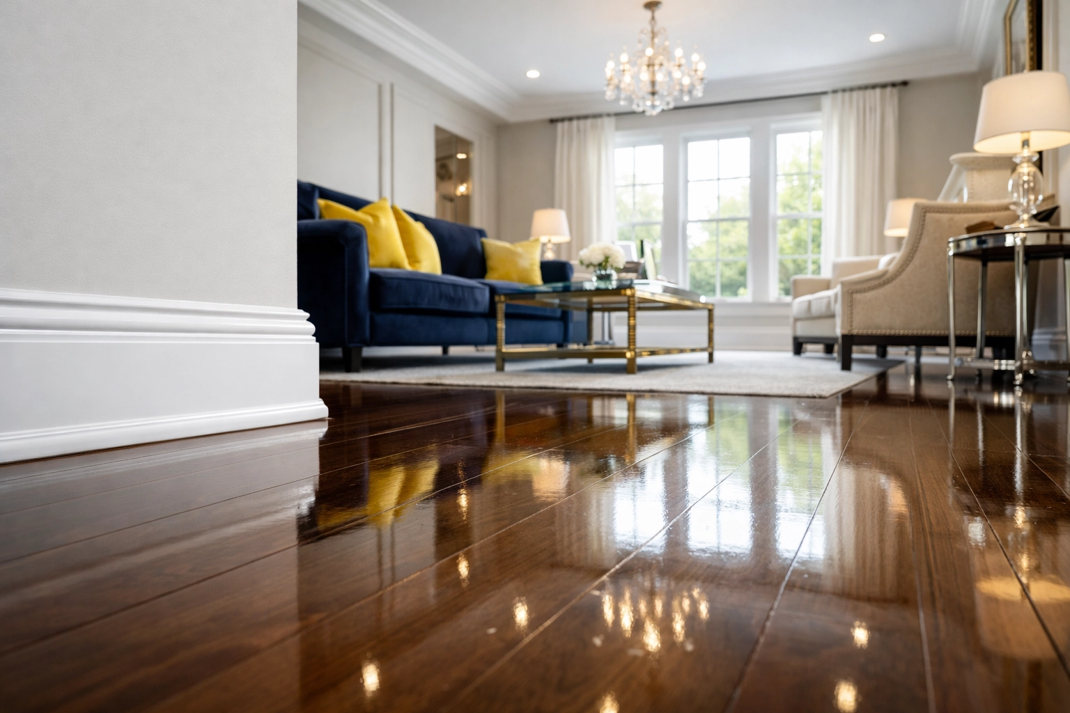 A clean Bedford living room with polished floors and spotless baseboards after a professional deep cleaning.