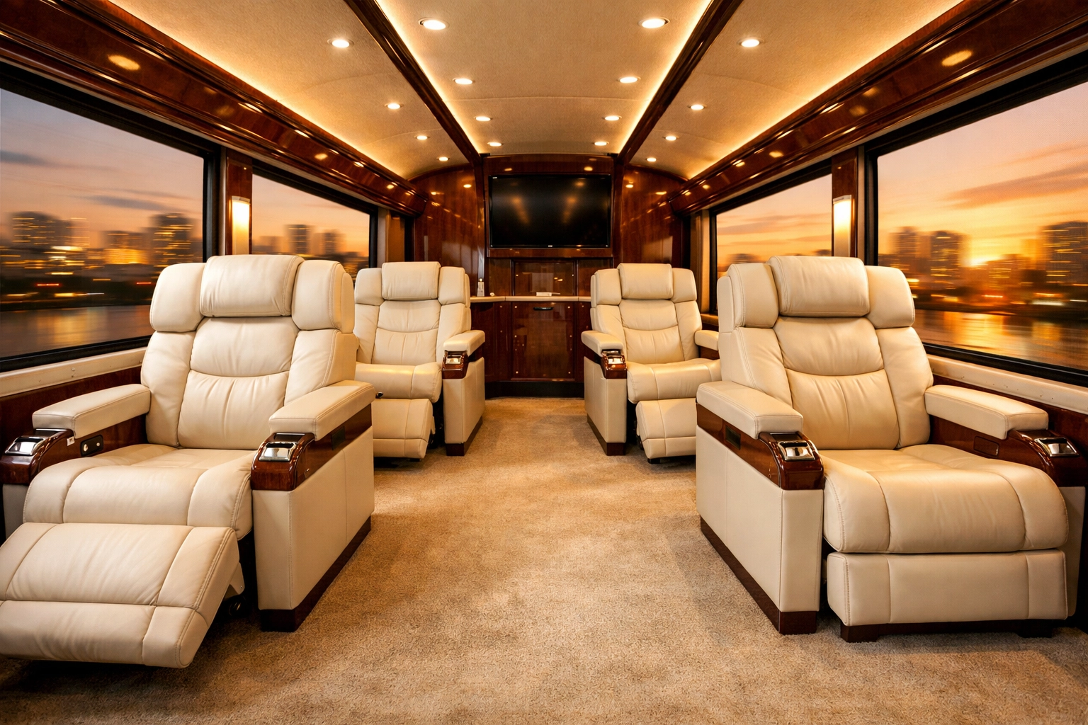 High-end executive coach with plush leather seating for premium VIP corporate travel logistics.