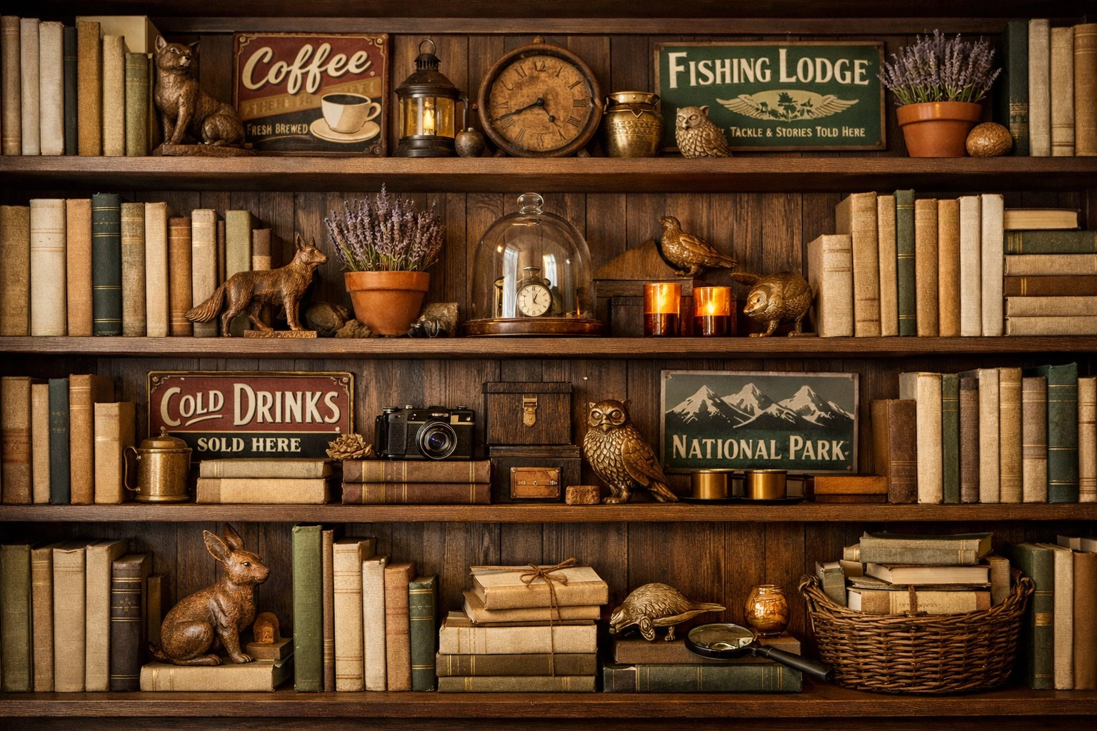 Curated shelf display from a home decor boutique featuring unique gifts for home and artisan accents.