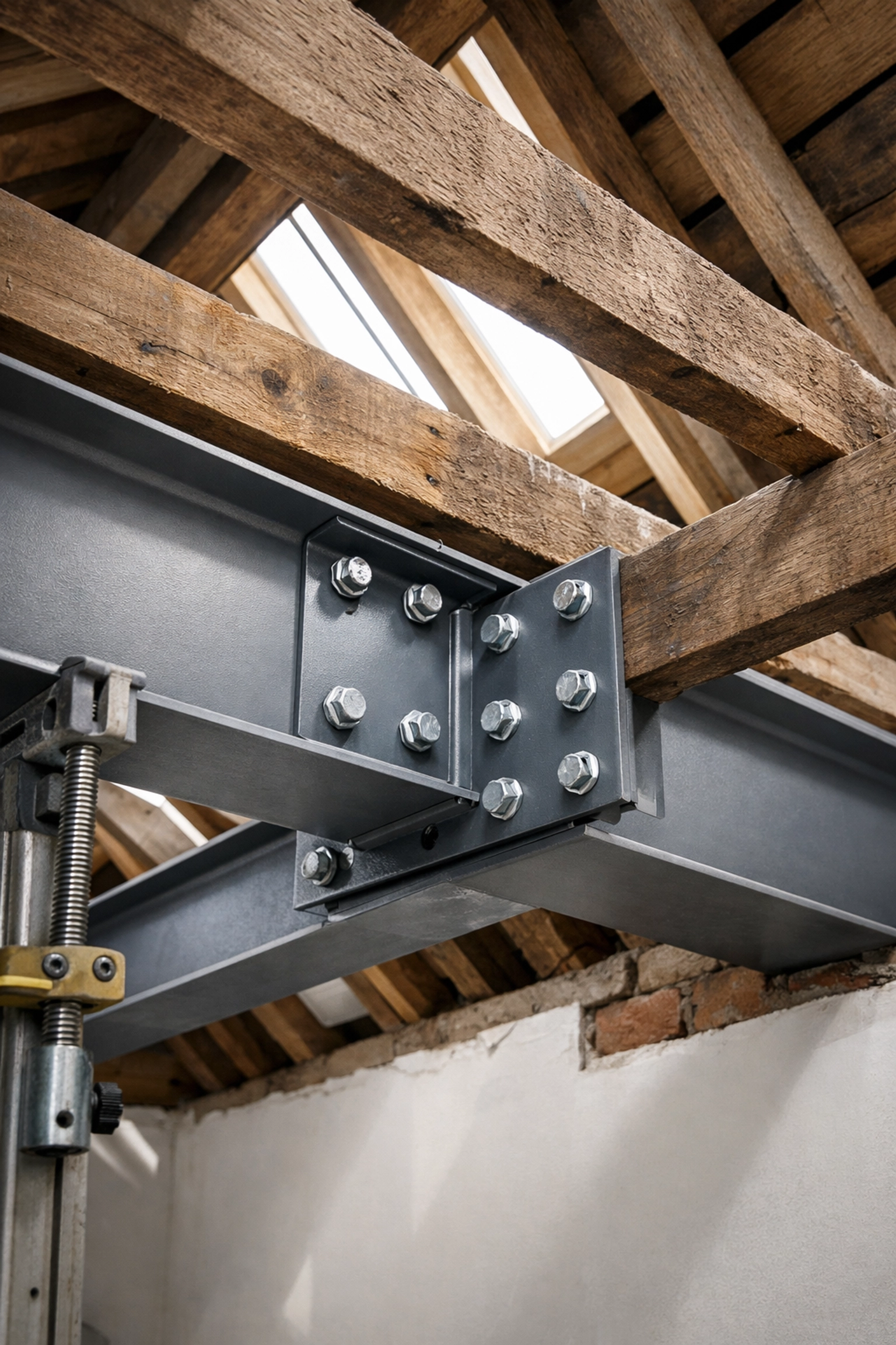 Structural steel beam installation during loft conversion showing engineered connections and timber joists
