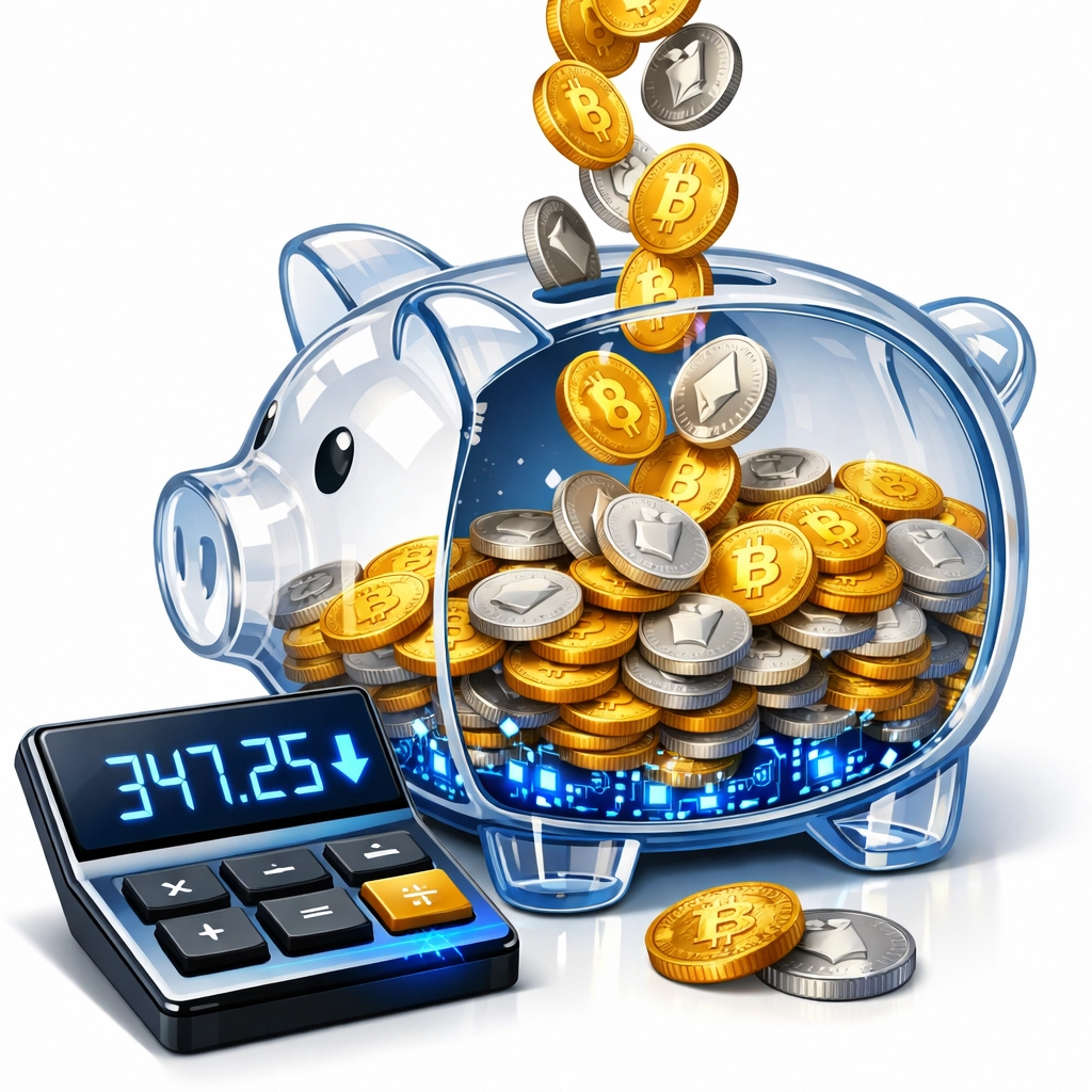 Cryptocurrency merchant fee savings visualization with digital coins and decreasing costs