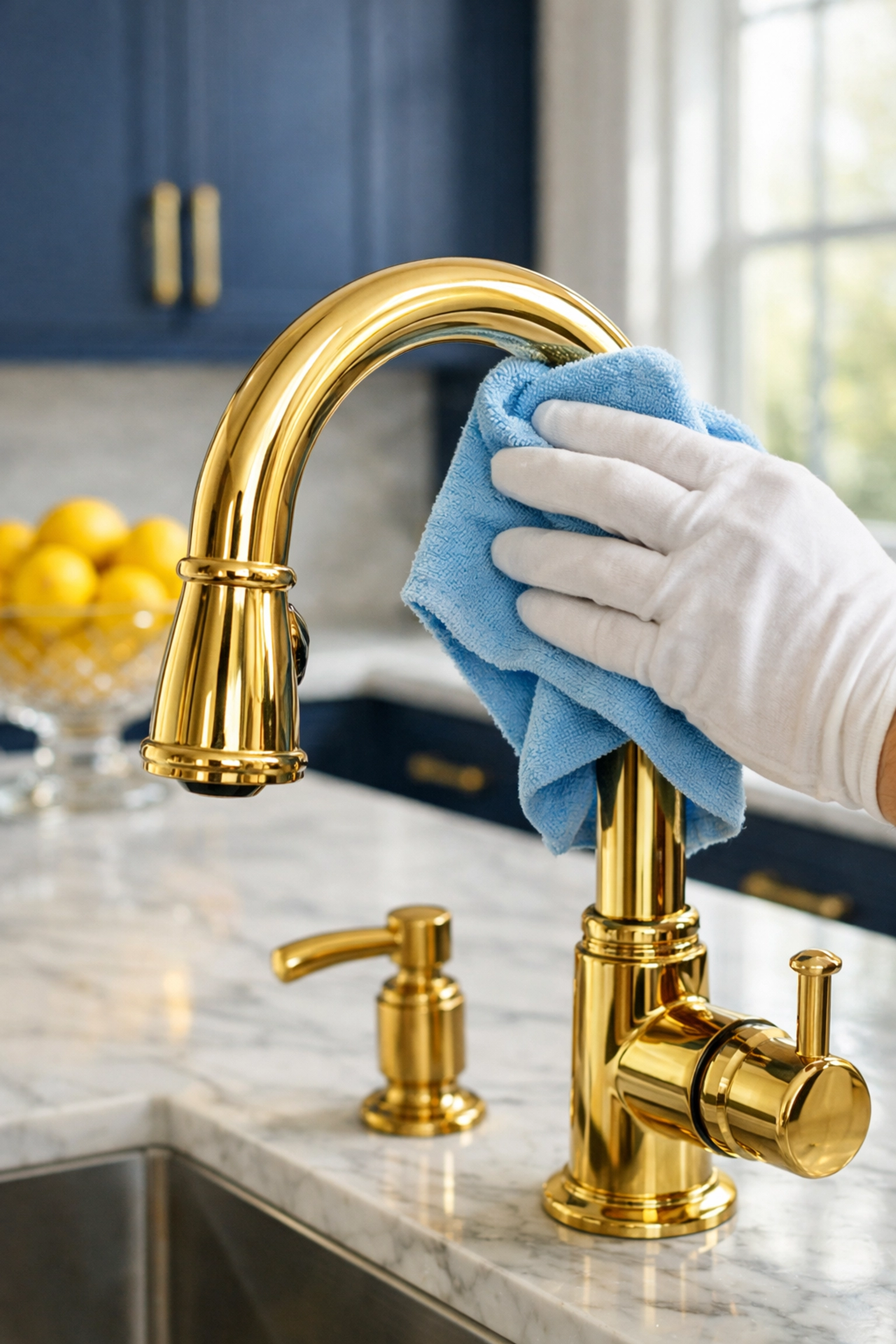 Professional cleaners polishing a gold faucet in a luxury Marblehead kitchen with marble countertops.