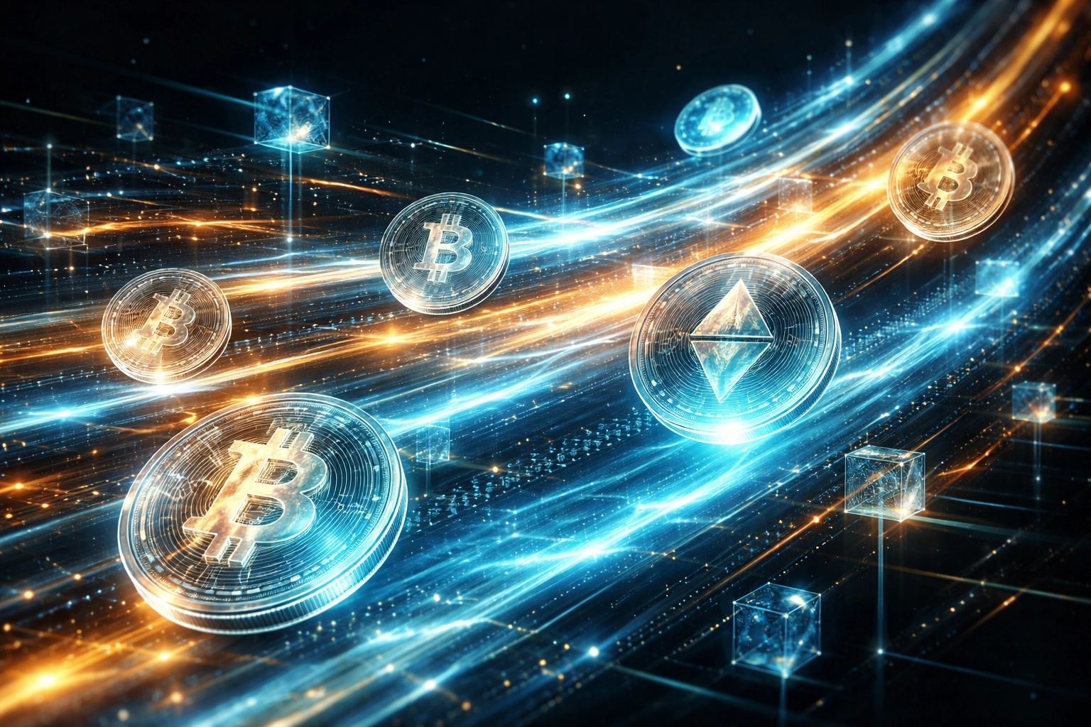 Visualizing gas-only cryptocurrency transfers with digital coins and blockchain nodes, highlighting fee savings for metaverse payments