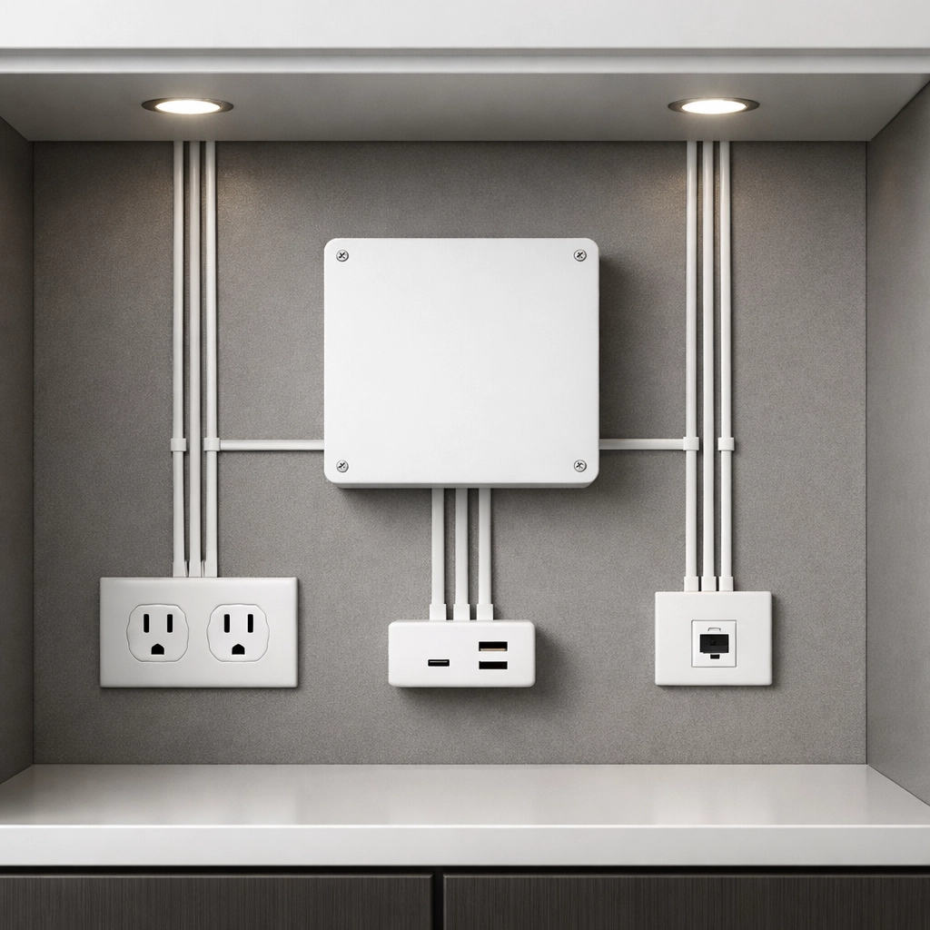 Centralized junction box and neat wiring for professional under-cabinet LED lighting systems.