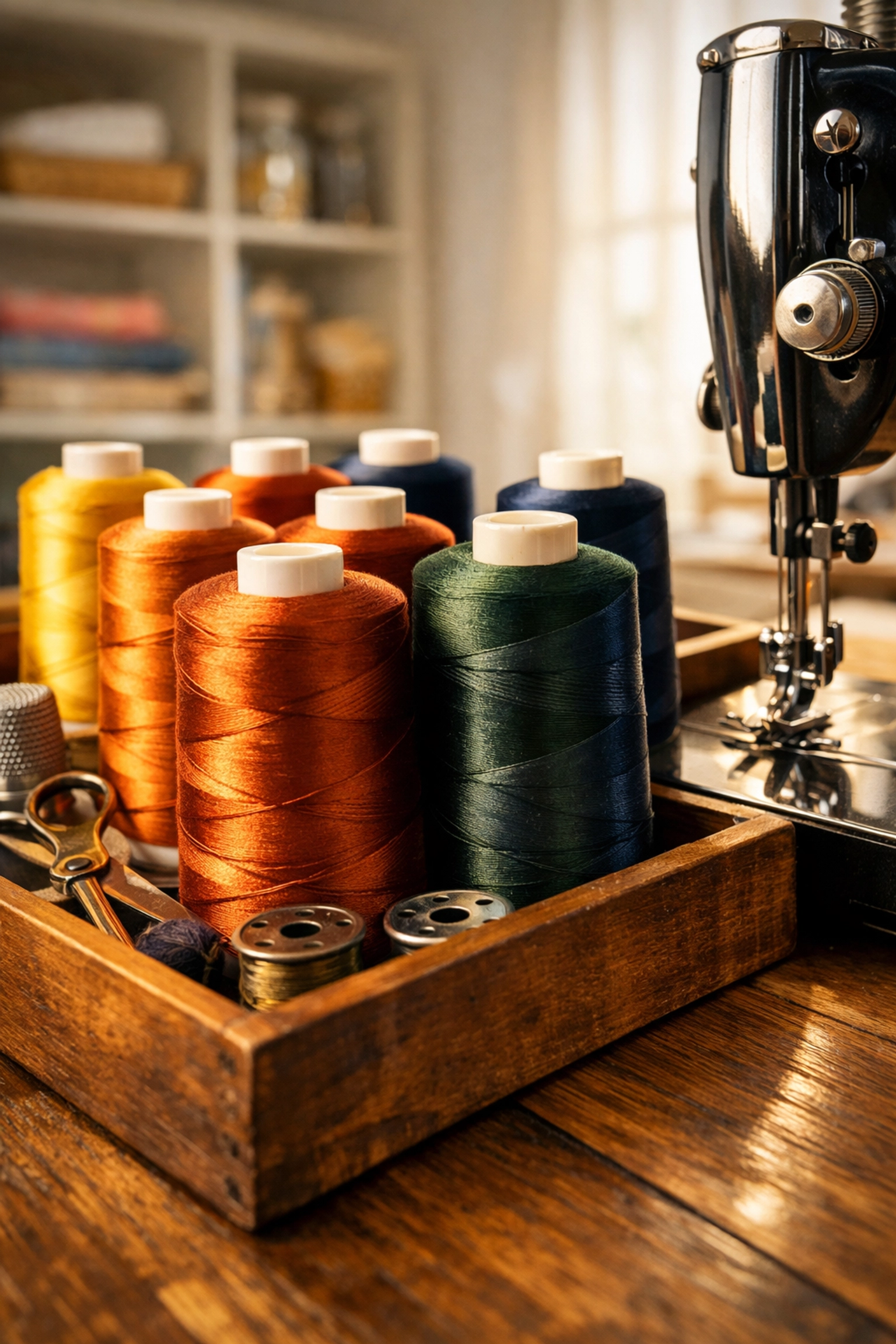 Colorful spools of high-quality quilting thread in a wooden tray to ensure balanced sewing machine tension.