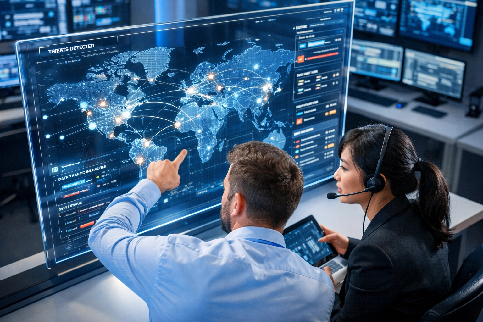 IT specialists monitoring a digital map to provide 24/7 proactive cybersecurity and network protection.