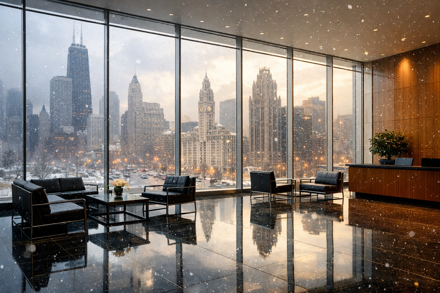 Clean corporate lobby in downtown Chicago during winter, showcasing professional office cleaning standards.