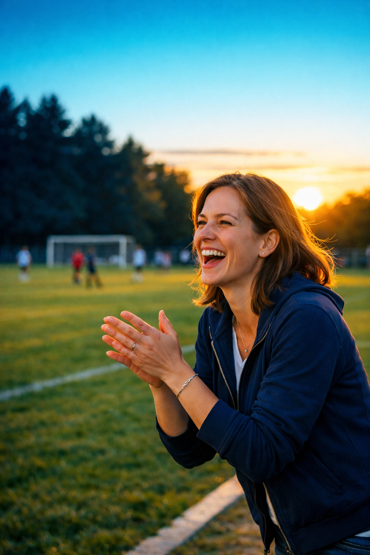 A relaxed real estate agent enjoying a soccer game without her phone thanks to automated business systems.
