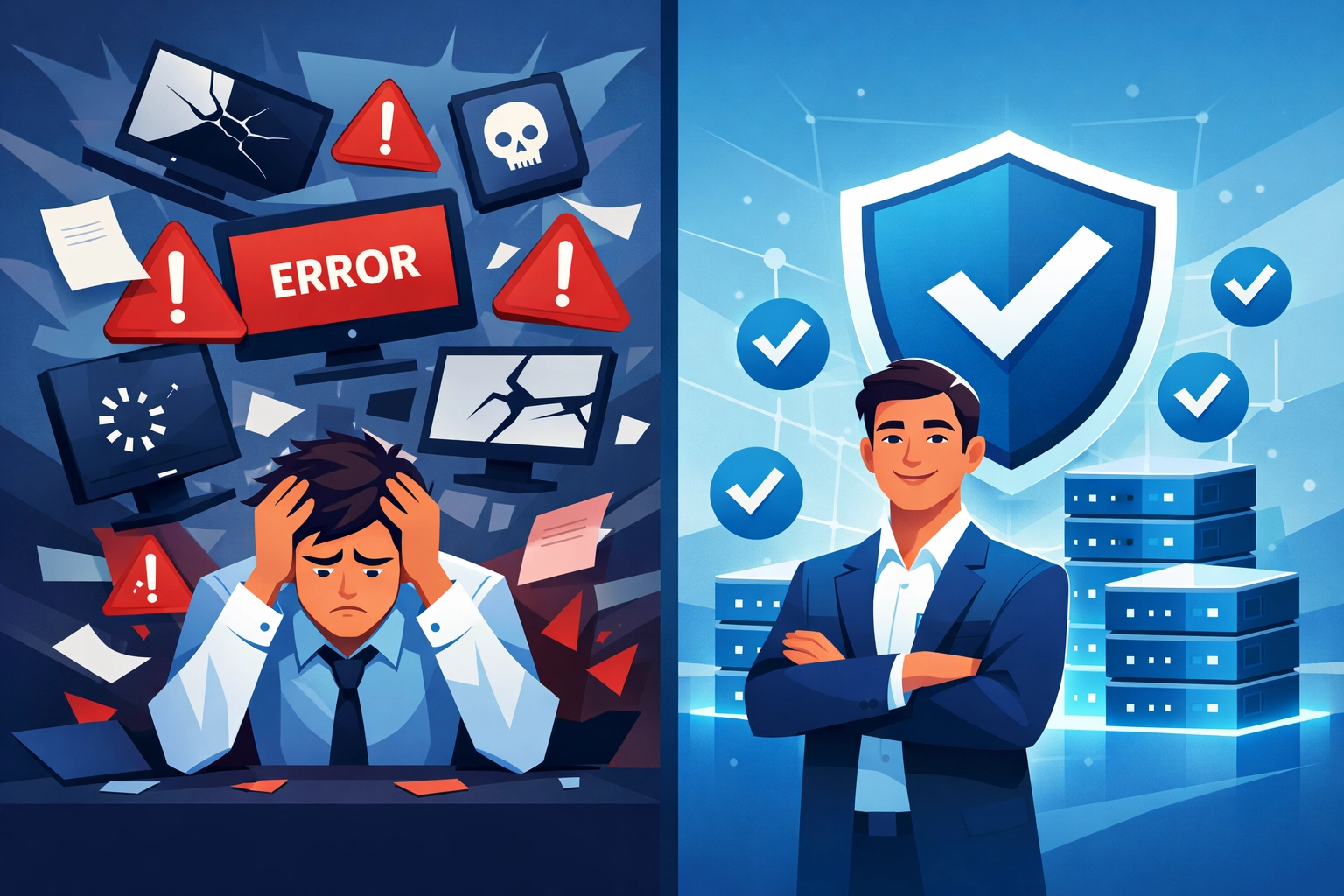 Comparison of DIY IT support chaos versus organized managed IT support with security protection