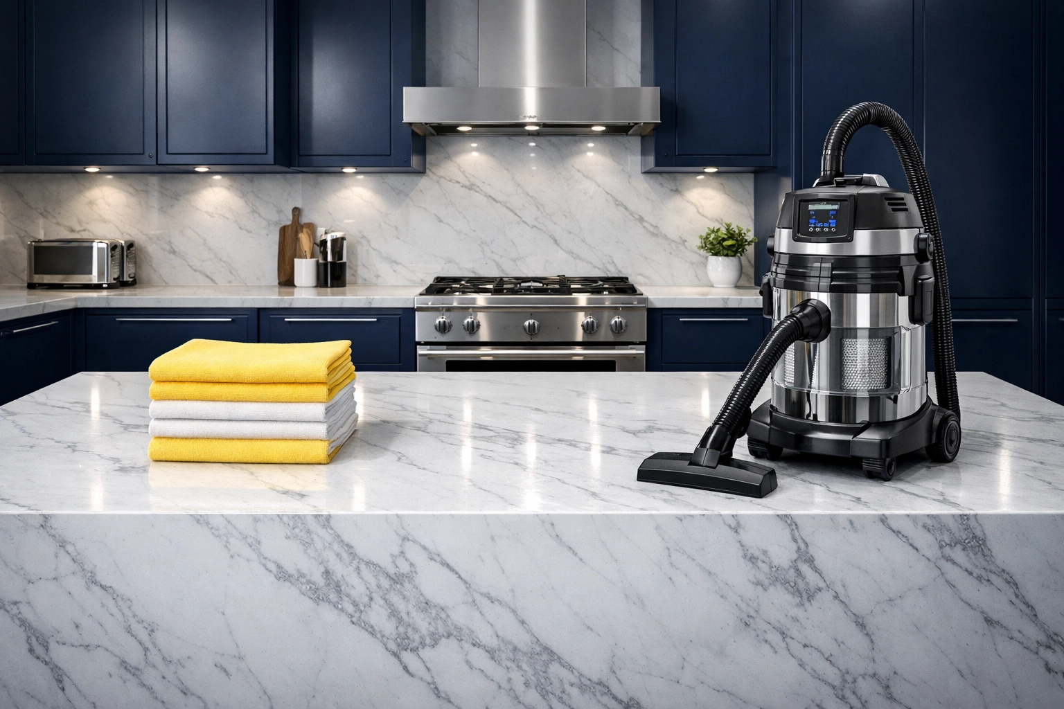 Immaculate modern kitchen with marble countertops and professional cleaning tools used by the cleaning ninjas.