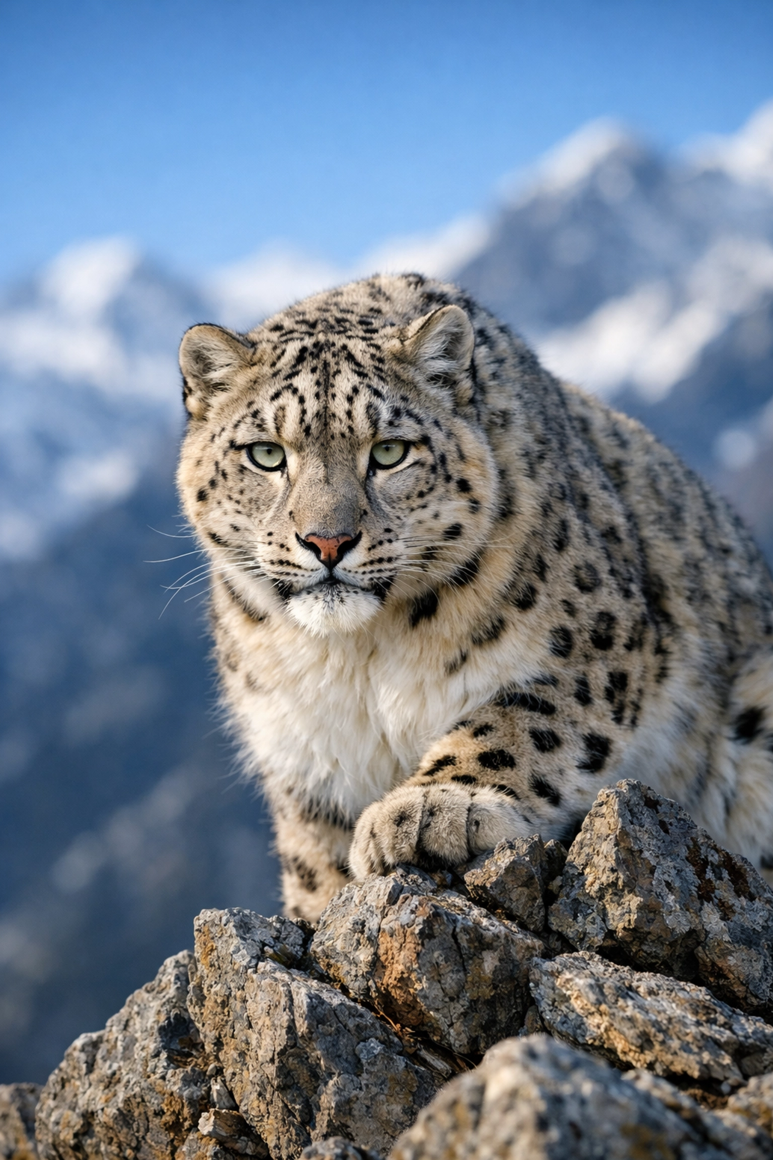 Detailed wildlife photography of a snow leopard on rocks for a zoo species spotlight post.