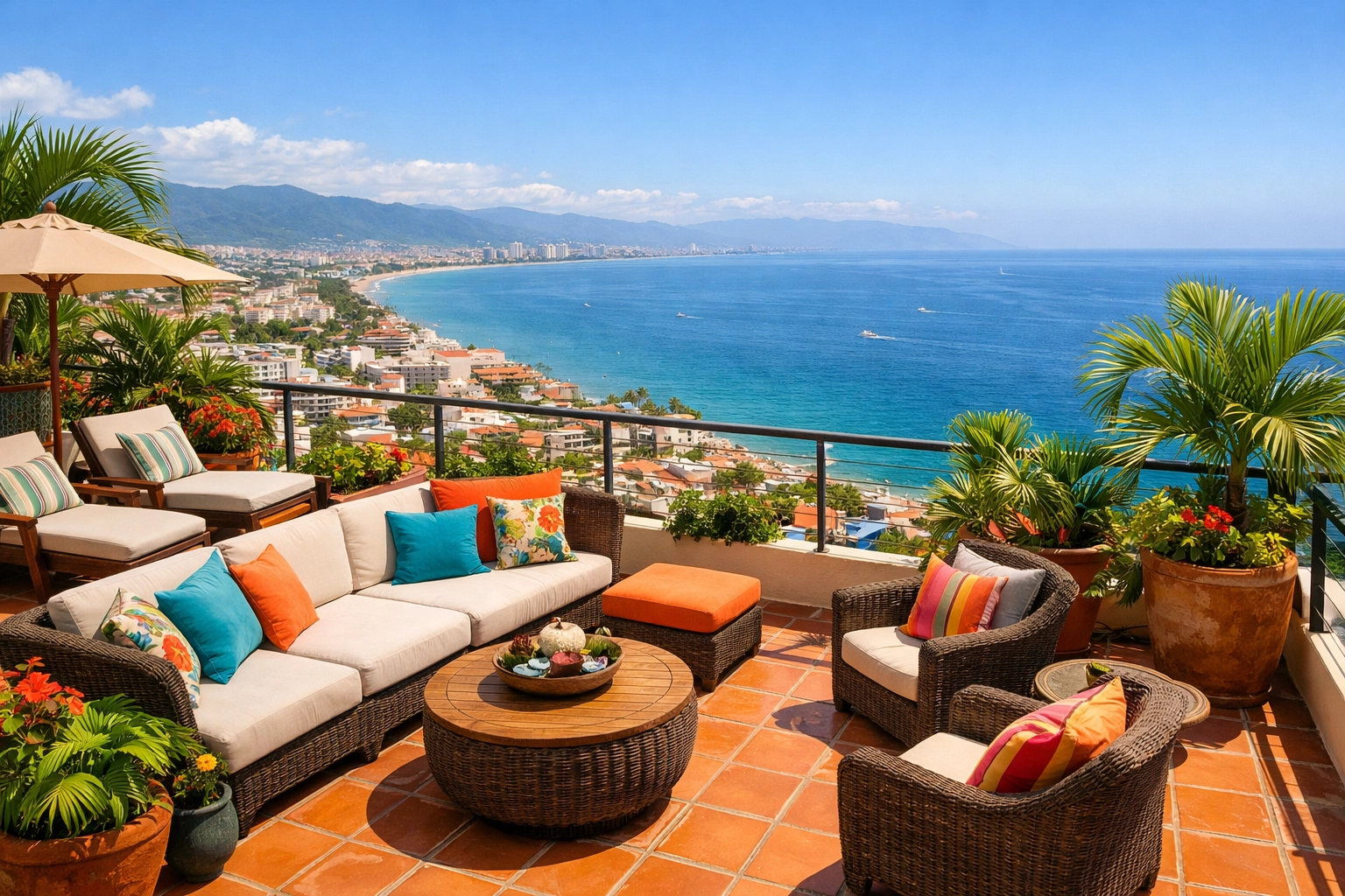 Rooftop terrace with ocean views at Puerto Vallarta penthouse rental
