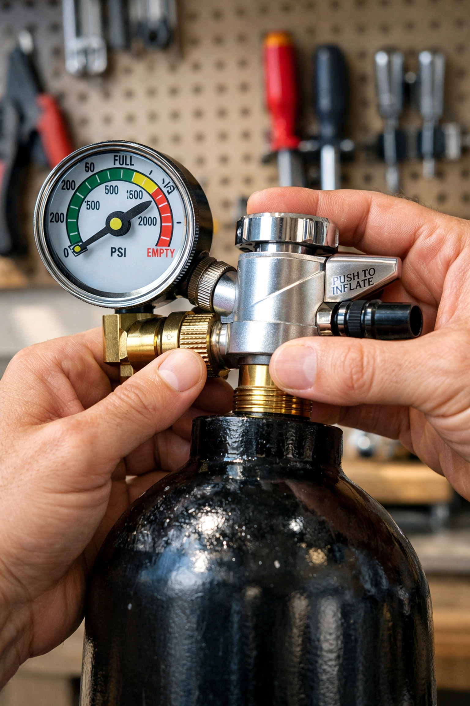 Close-up of a professional helium regulator and pressure gauge being fitted to a refillable gas cylinder.