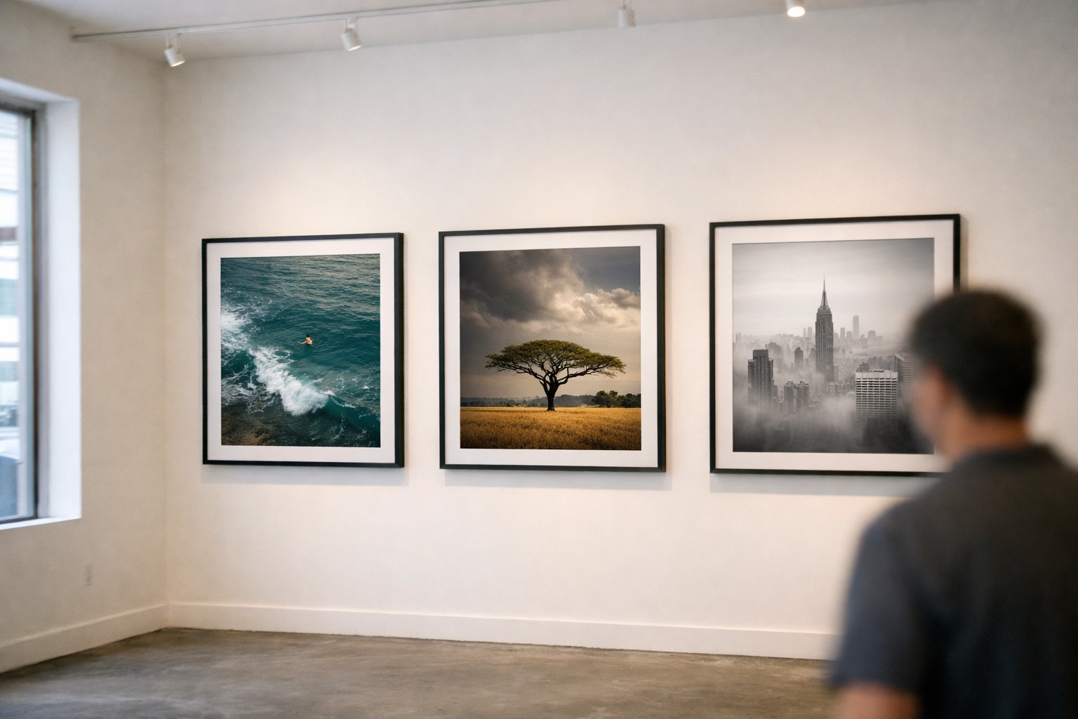 A cohesive fine art photography portfolio displayed in a minimalist gallery in Wynwood, Miami.