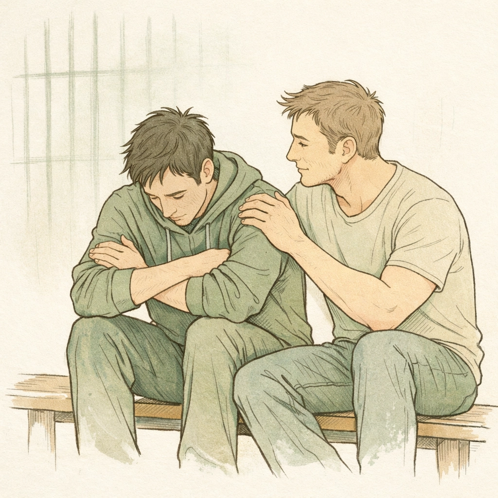 Two men connecting on bench as emotional barriers dissolve in MM romance vulnerability scene