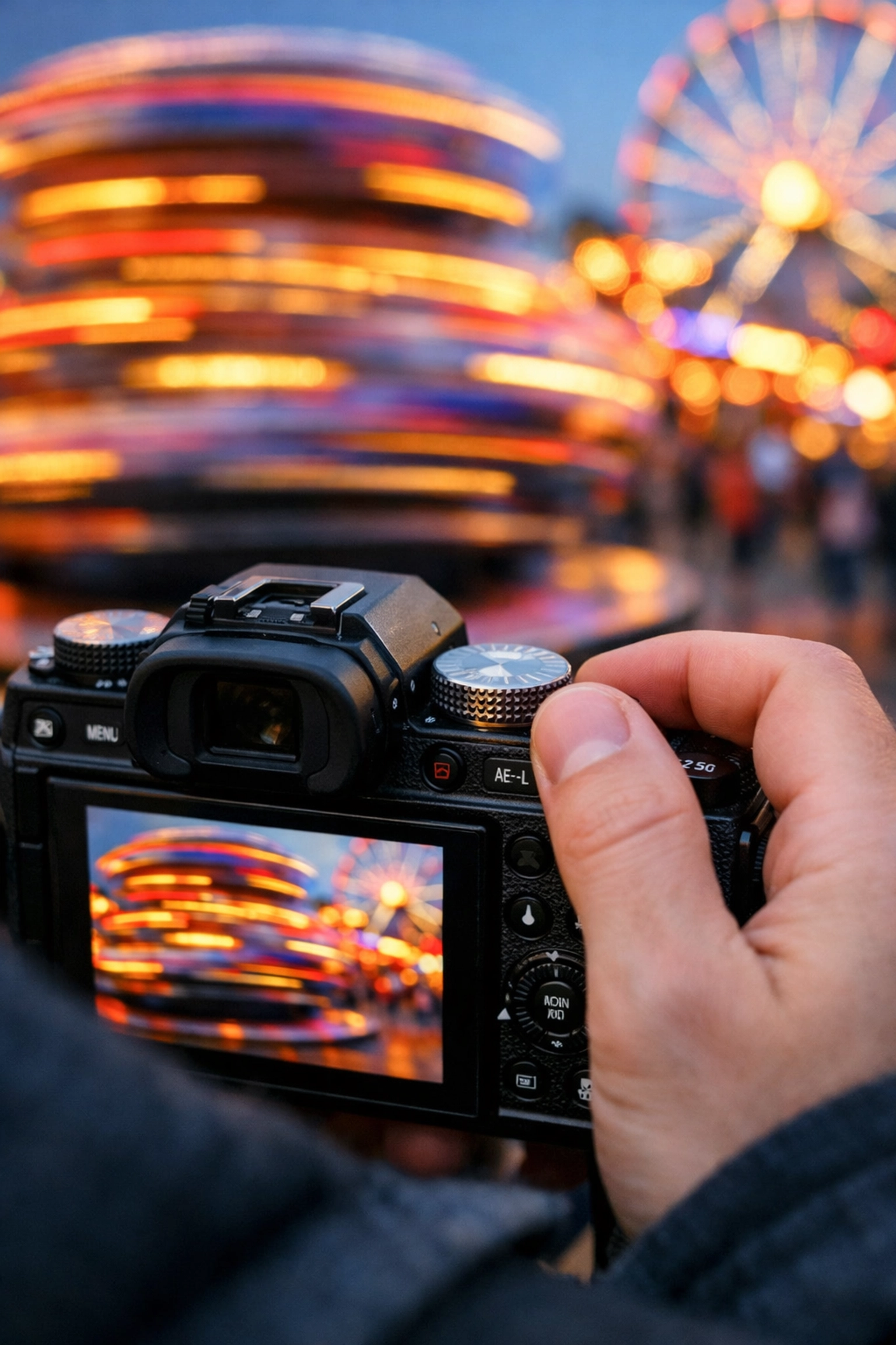 POV shot of adjusting camera dials, a key step in photography for beginners mastering manual mode.