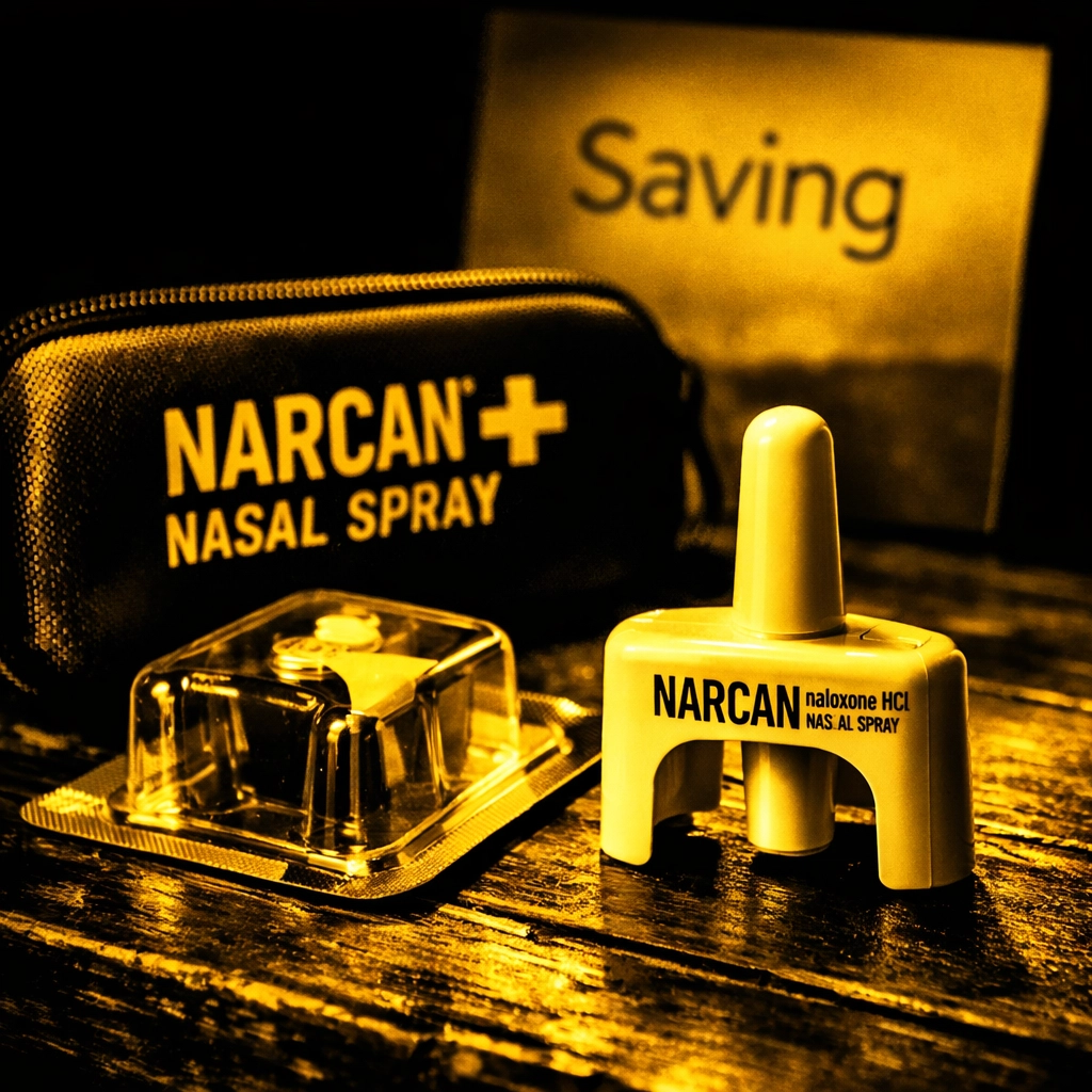 Narcan nasal spray kit and saving lives flyer at Action Drug Rehab in Simi Valley.