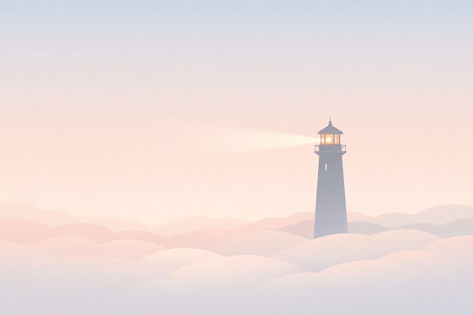 A minimalist lighthouse casting a gentle beam of light, representing steady leadership during loss.