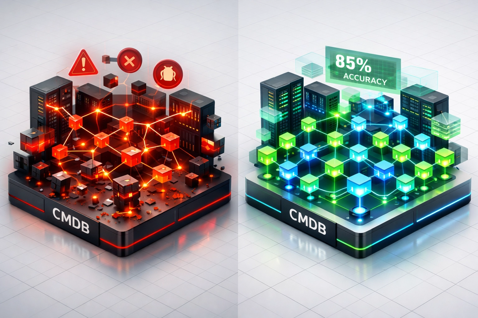 ServiceNow CMDB data quality comparison showing poor versus 85% accuracy threshold