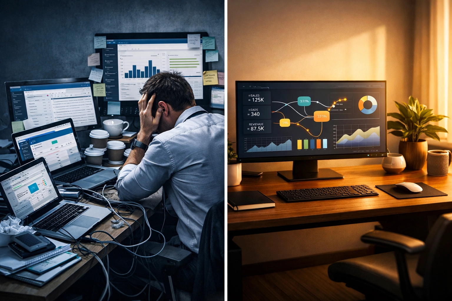 Cluttered workspace with multiple software tools versus streamlined custom automation dashboard