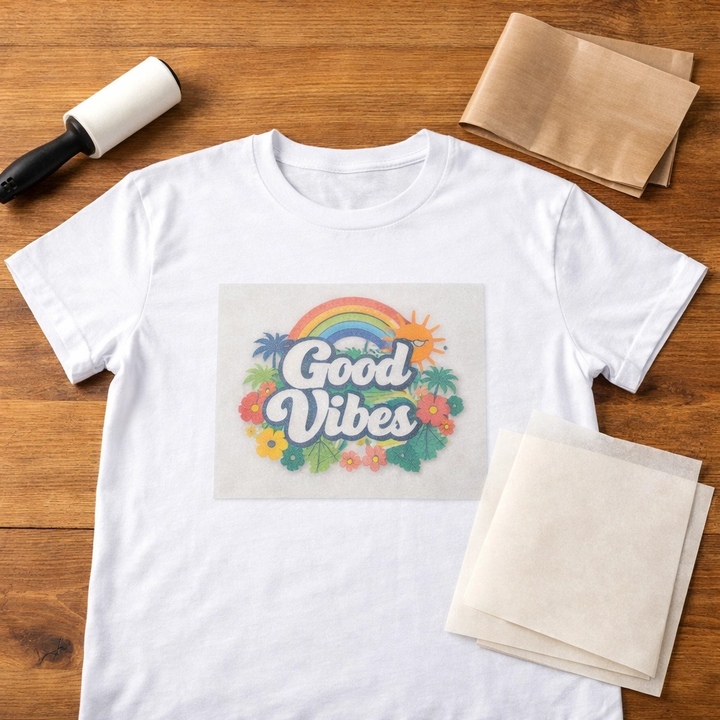 DTF heat transfer supplies laid out on workspace including t-shirt, transfer sheet, and parchment paper