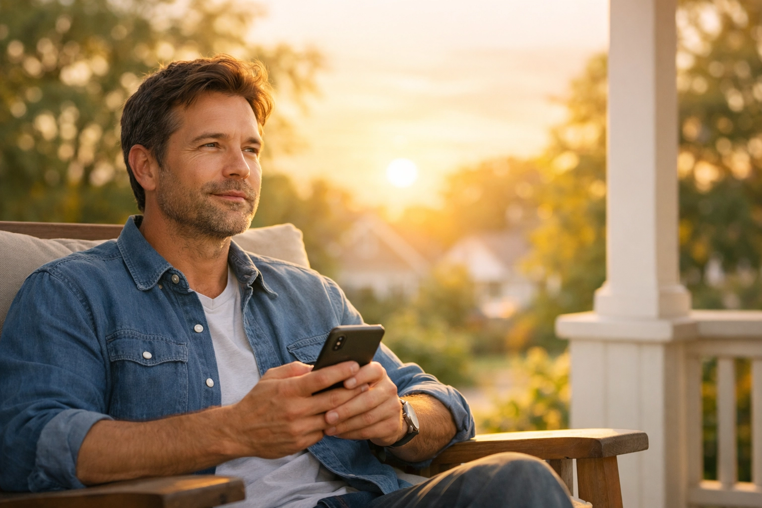 A man using his smartphone for online prayer on a quiet porch during a bright sunrise.