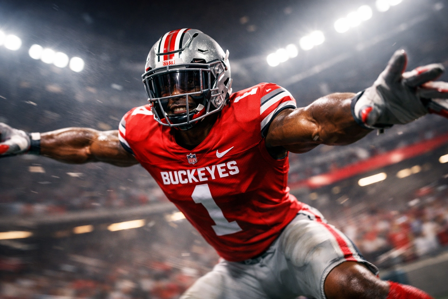 Ohio State cornerback demonstrating press coverage technique with extended 78-inch wingspan