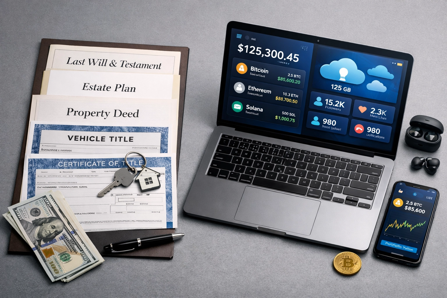 Traditional estate documents next to laptop showing cryptocurrency and digital assets for 2026 estate planning