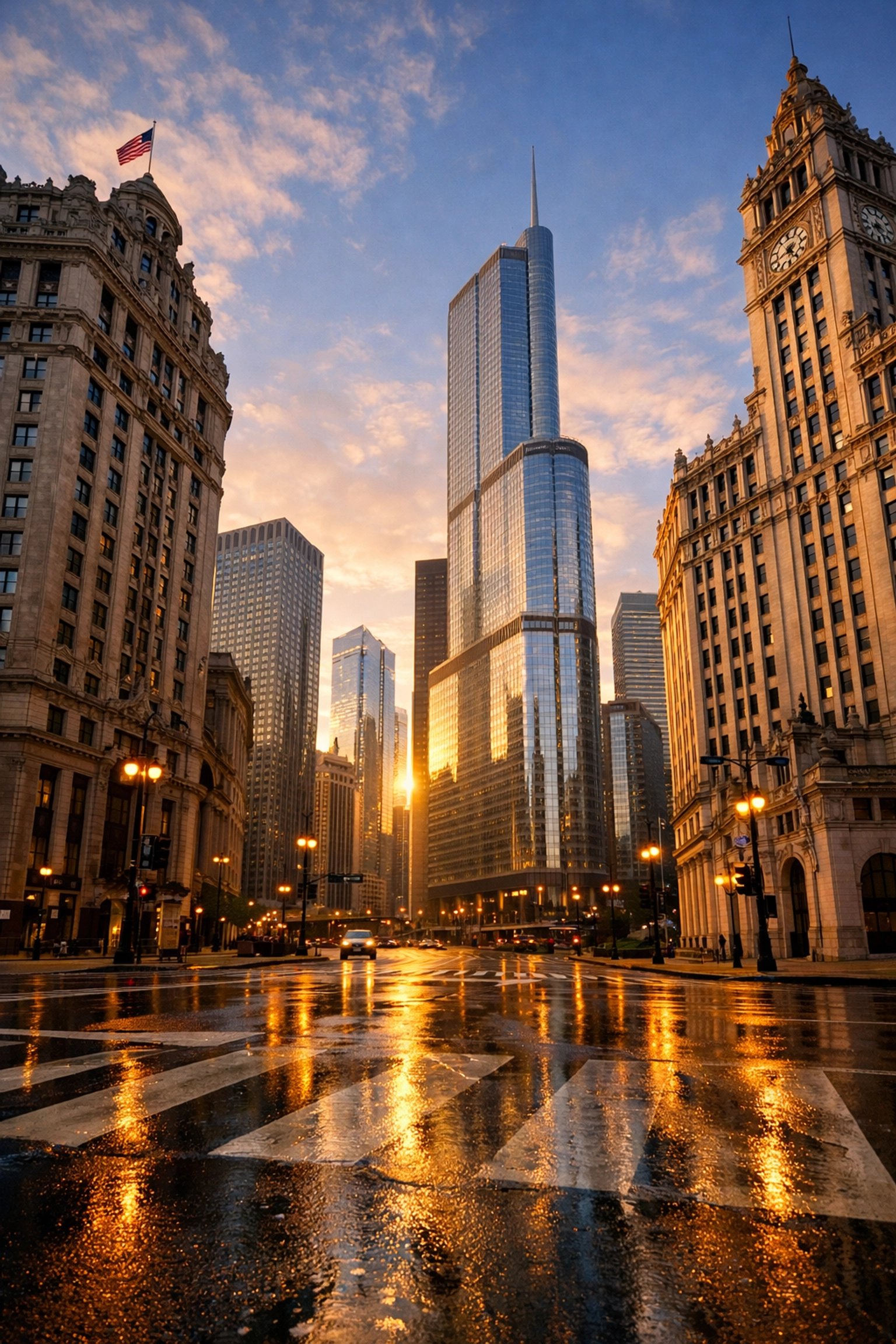 Sunrise over a Midwest metropolitan business district representing property management authority.