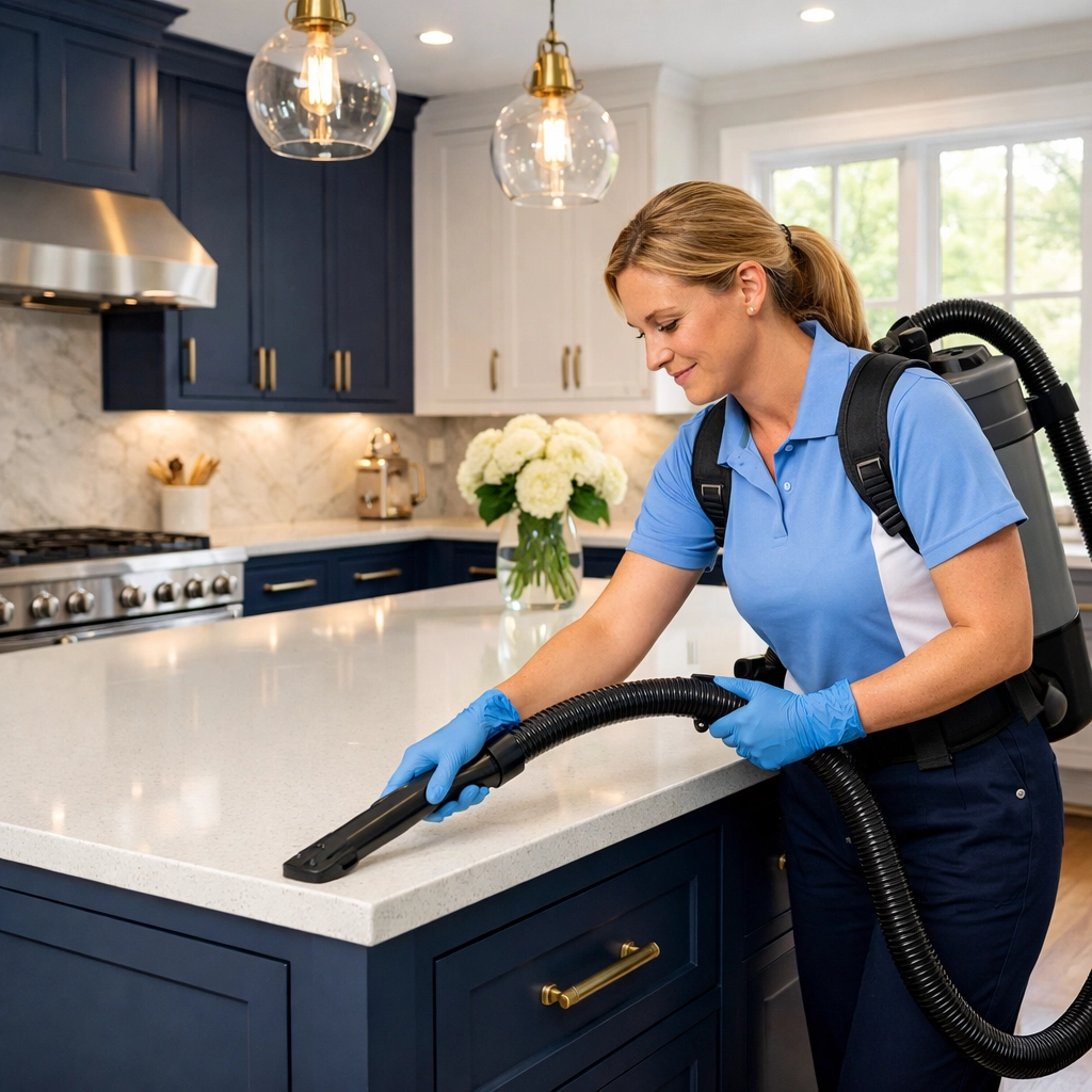 Professional cleaner performing post construction cleaning in a renovated Lincoln kitchen with a HEPA vacuum.