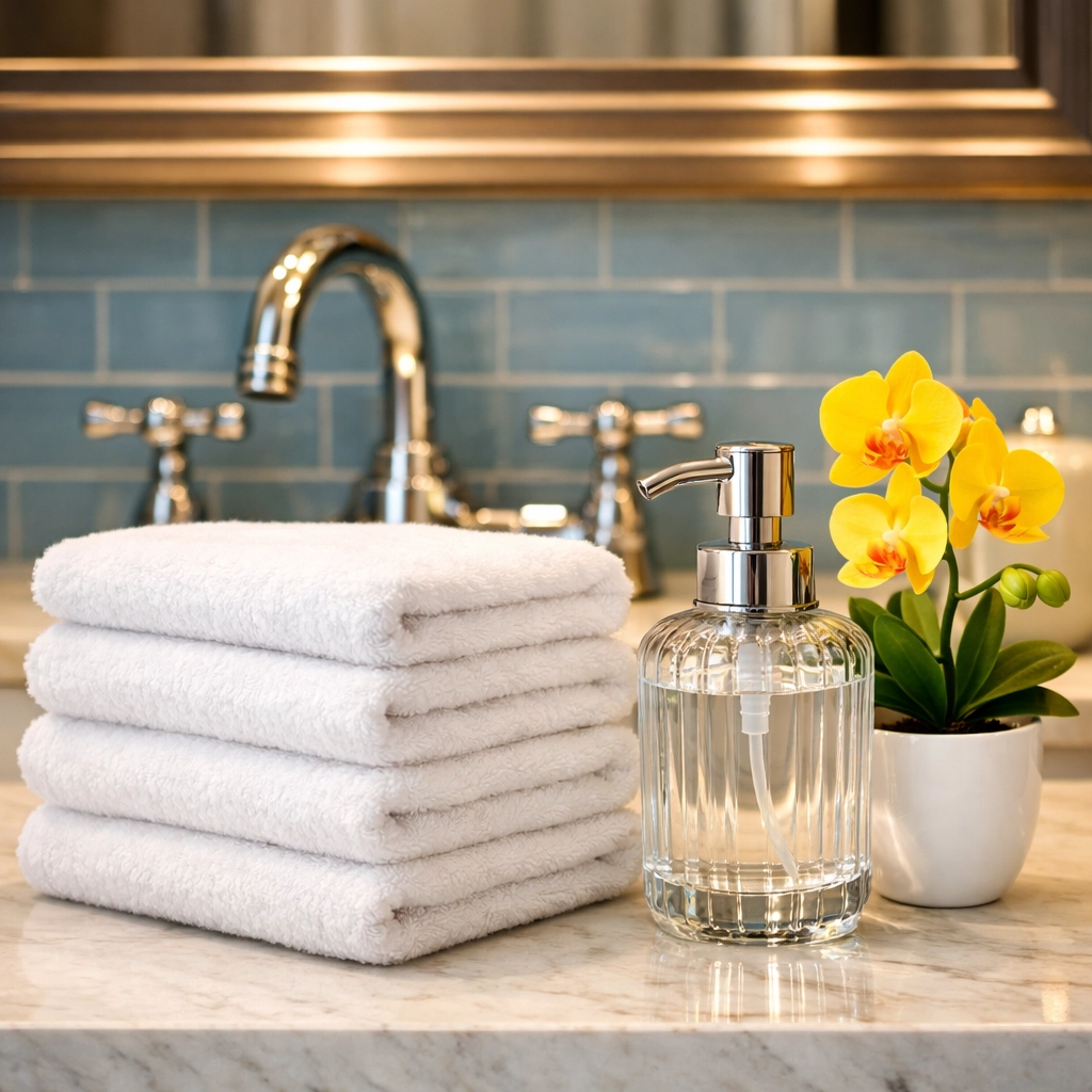 Detailed cleaning of a luxury master bathroom vanity during weekly house cleaning in Dover.