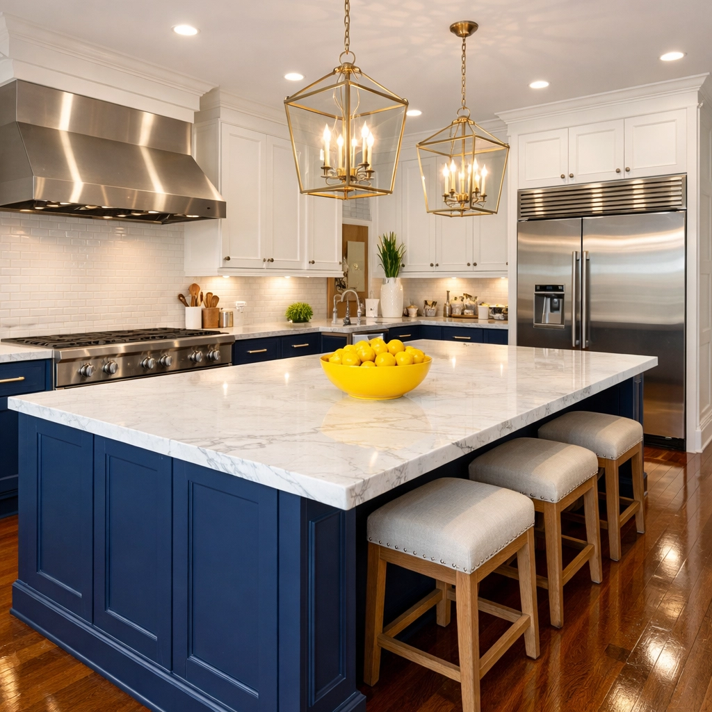 Gleaming gourmet kitchen with polished marble and clean floors in a luxury Franklin home.