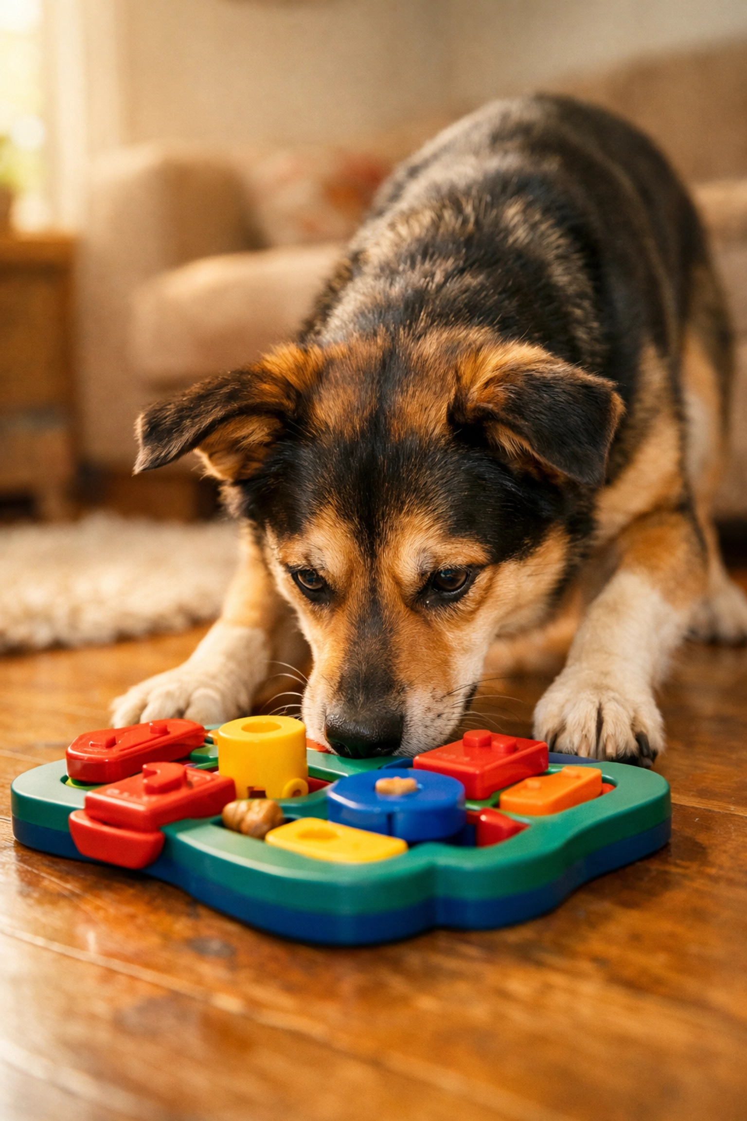 Dog focused on puzzle toy during mental stimulation activity at home