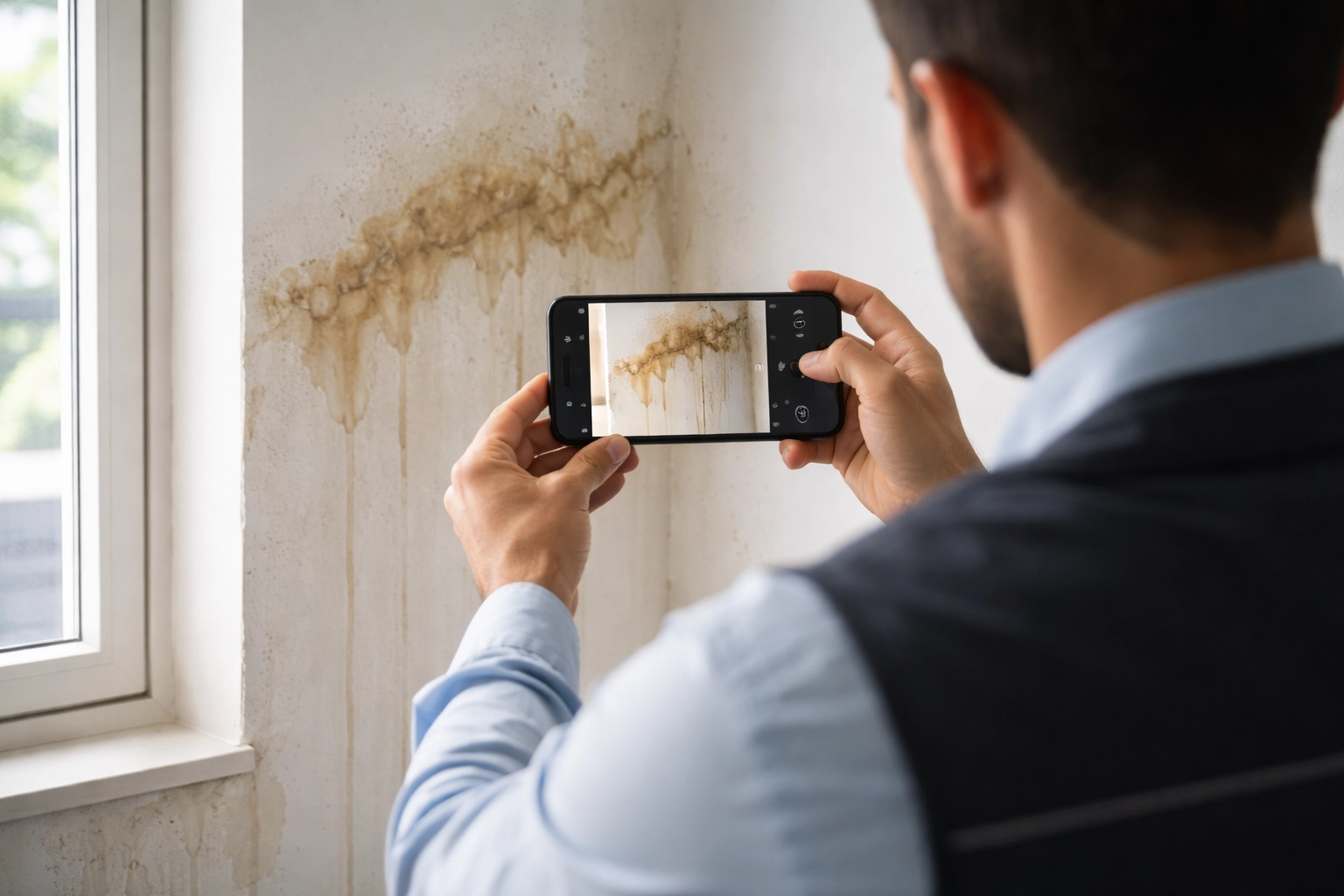 Property manager photographing water-damaged drywall with stains and bubbling in a modern apartment for insurance documentation