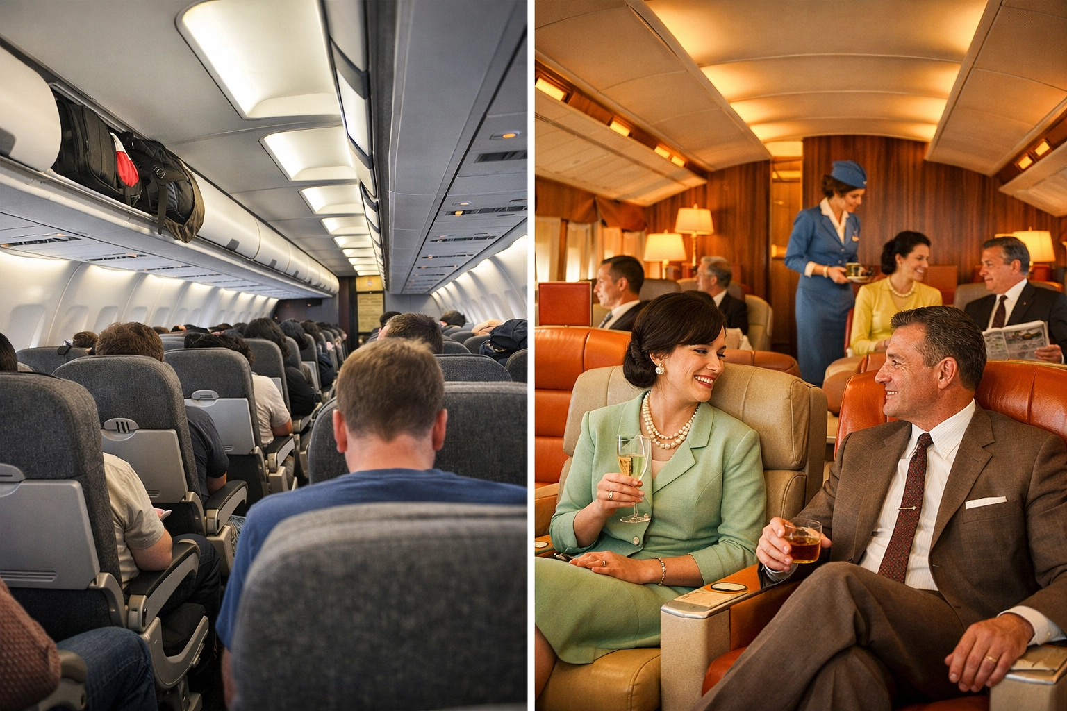 Side-by-side comparison of cramped modern economy class versus spacious vintage 1960s airline cabin