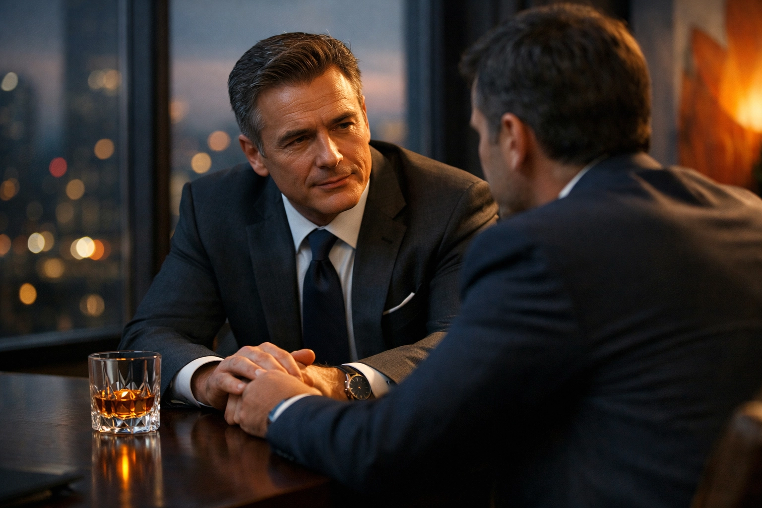 Attorney and client sharing a moment of trust during a private consultation at a high-end law firm.