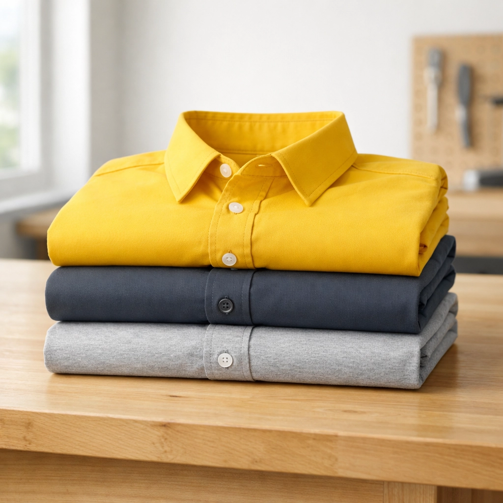 Premium custom t shirts stacked in a workshop for professional screen printing near me services.