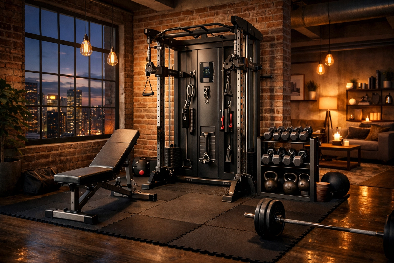 Complete no wall damage home gym setup in studio apartment with floor-to-ceiling system