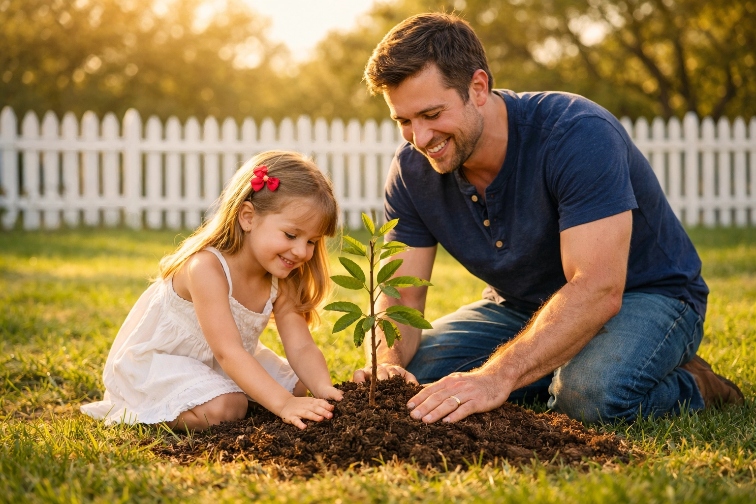 Texas father and daughter planting a tree, symbolizing building a strong credit score foundation.