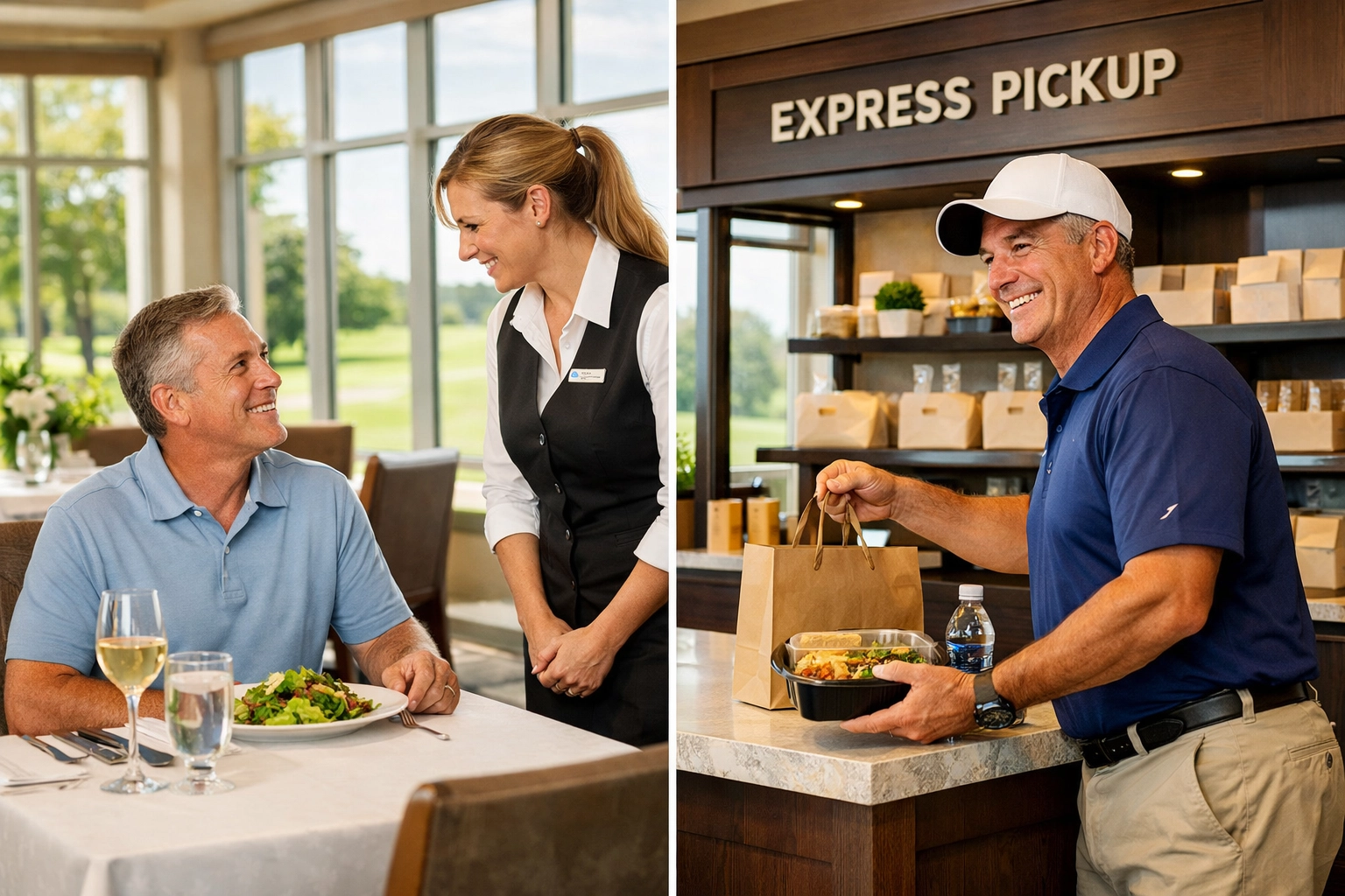 Hybrid F&B model: traditional table service and mobile order pickup at golf clubhouse