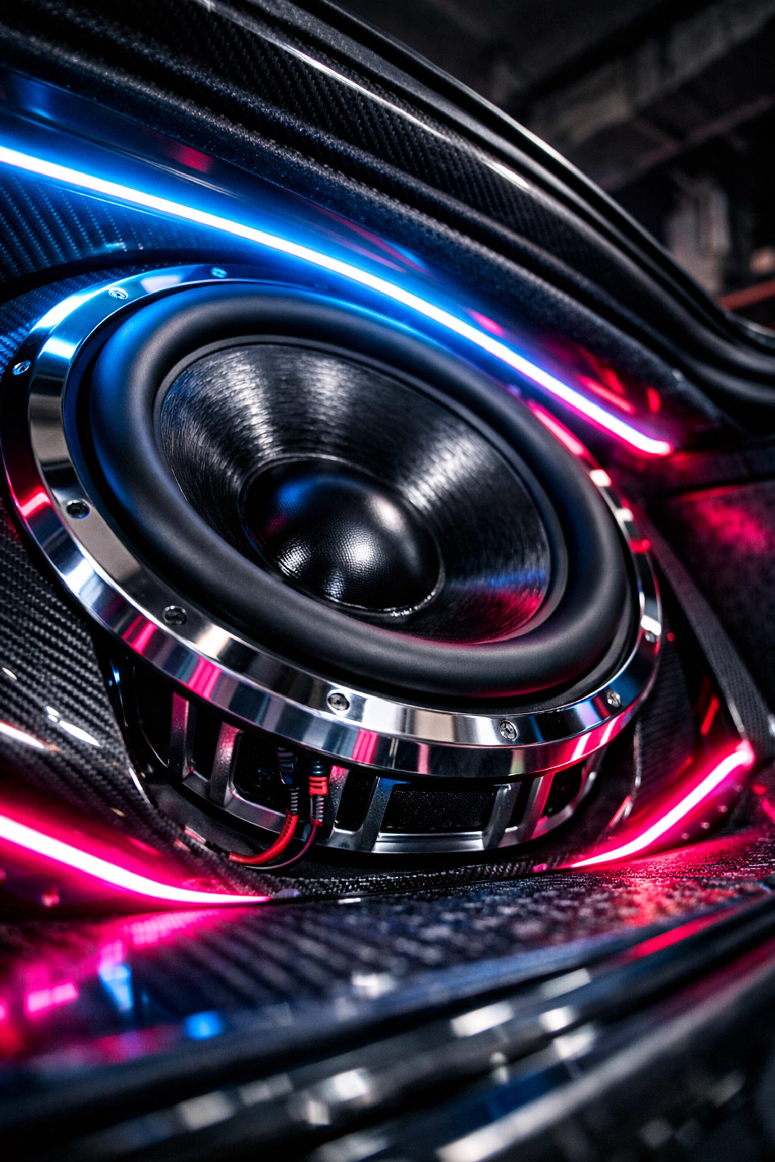 Custom high-performance subwoofer with neon lighting installed by car audio experts in Chattanooga TN.