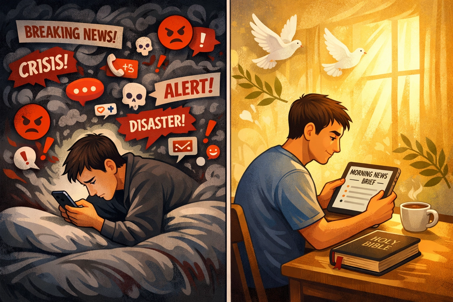 Contrast between anxious doomscrolling and peaceful Christ-centered news reading with Bible