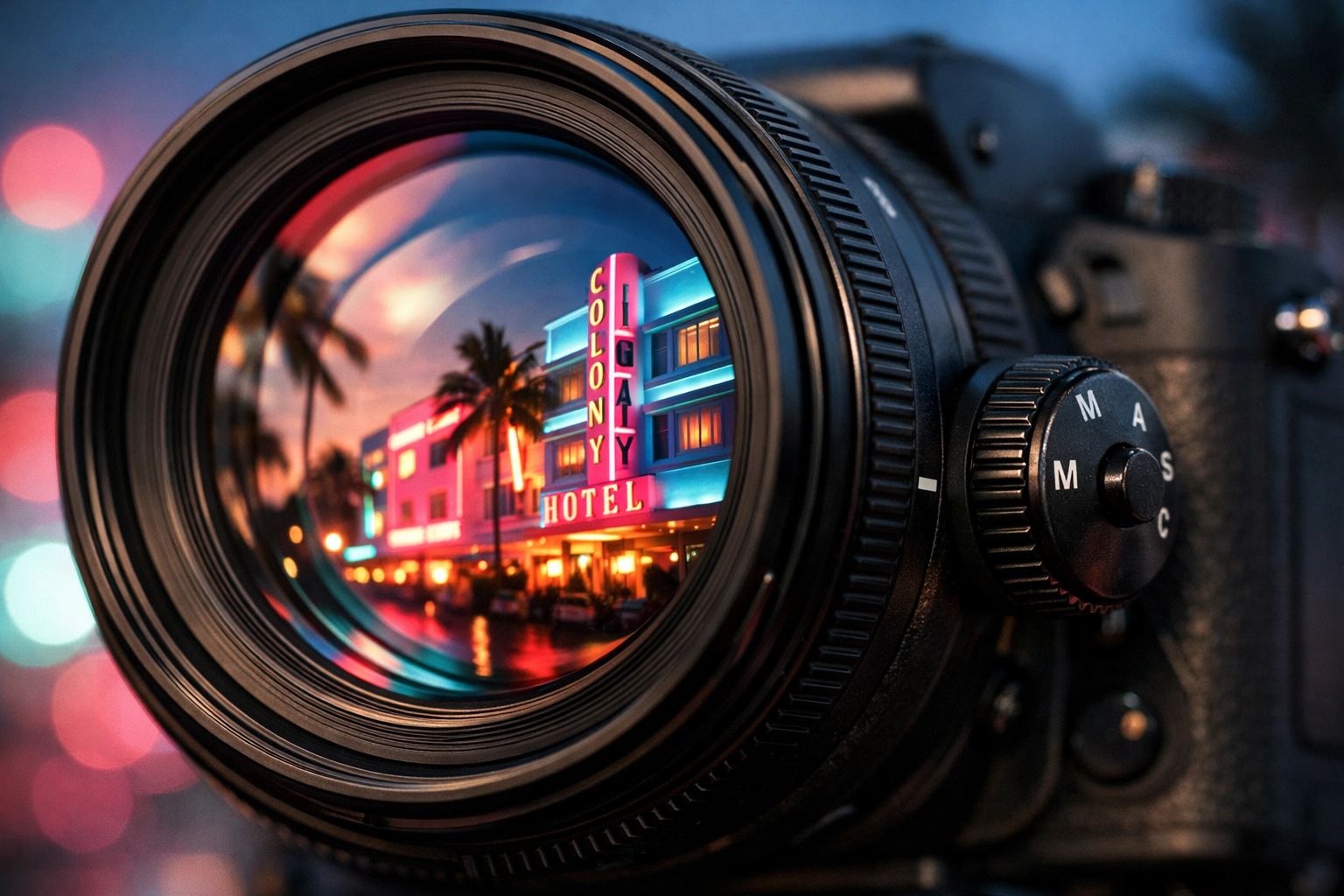 Camera lens reflecting Miami Art Deco neon lights, used by a commercial photographer miami.