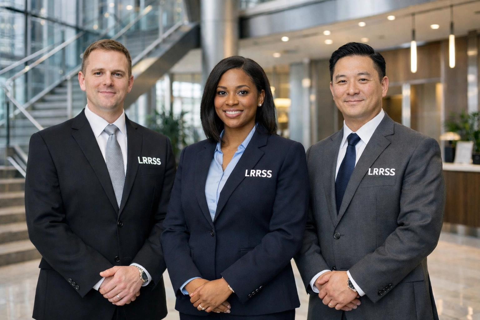 Team of professional concierge security officers in London commercial property lobby