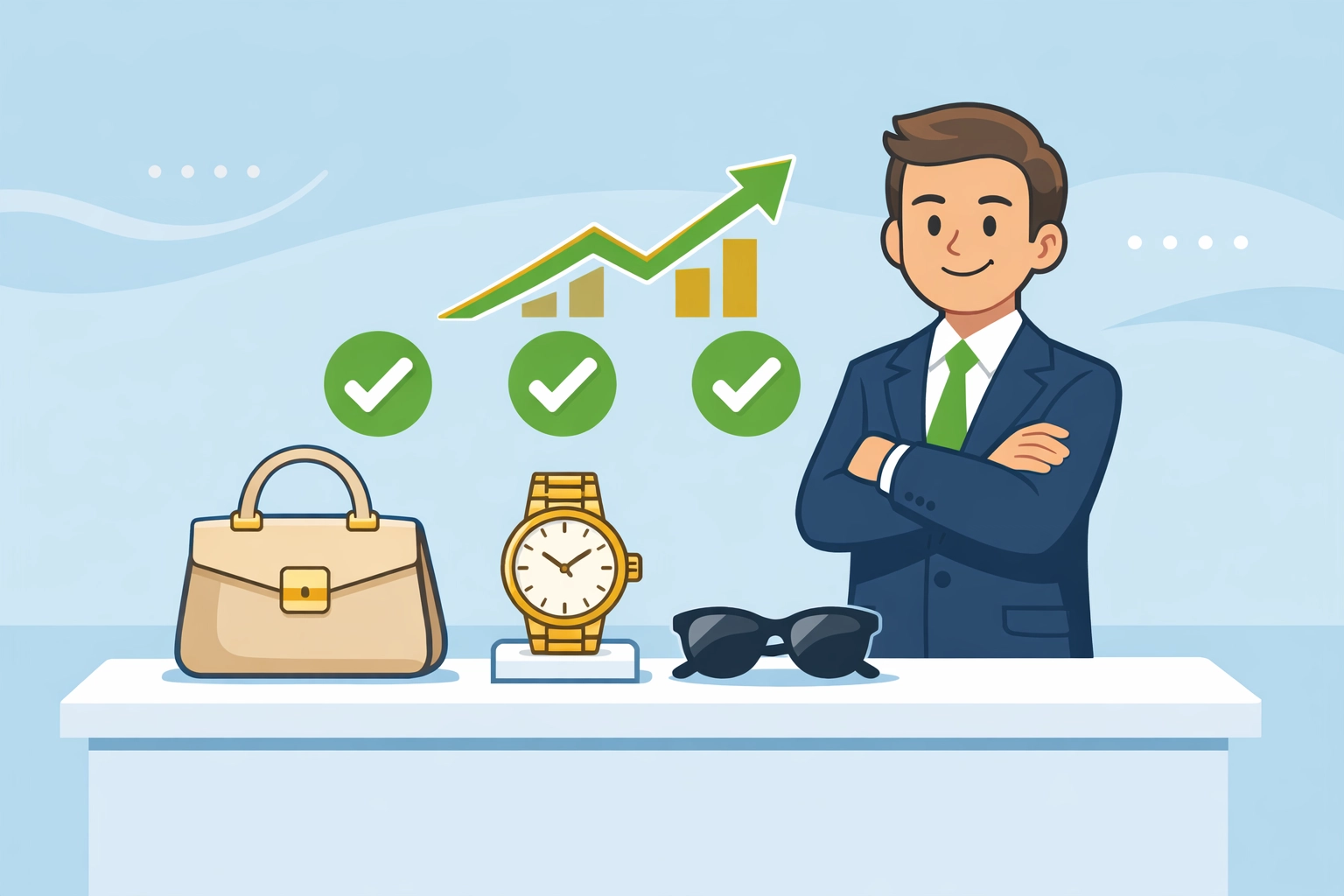 Pawn shop owner with authenticated luxury items showing verified products and business growth