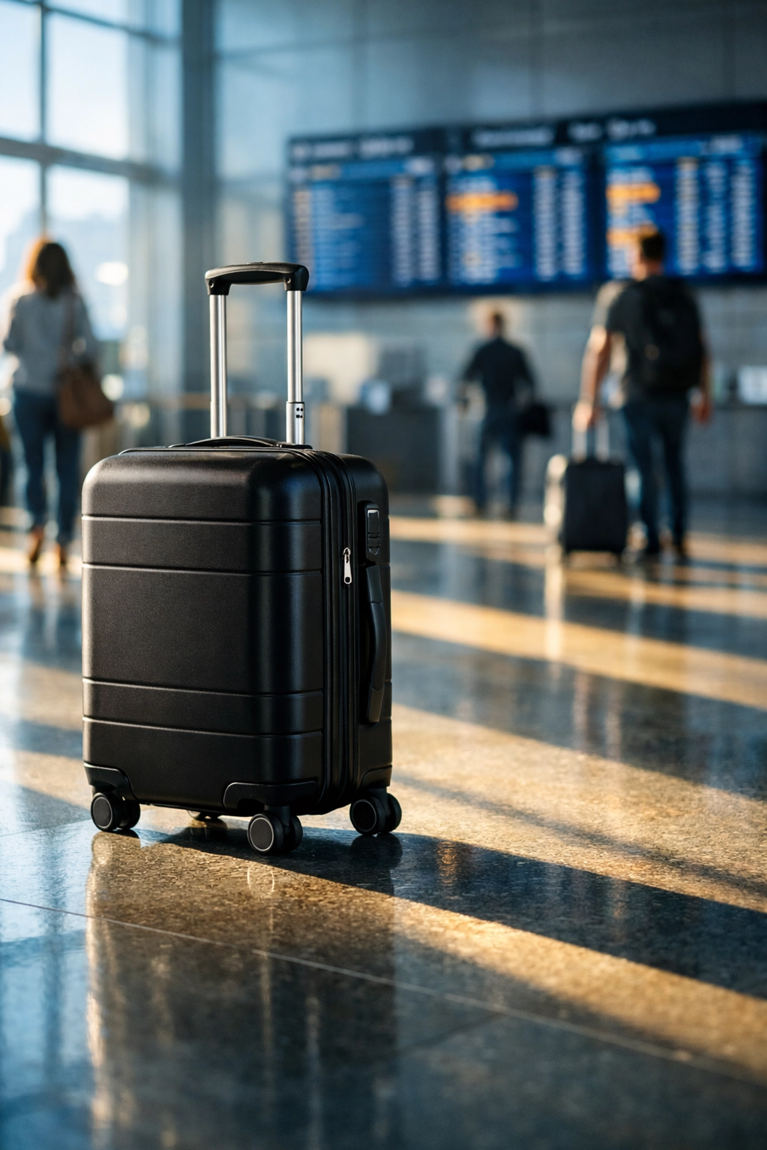 Carry-on suitcase at airport terminal highlighting travel freedom and mobility