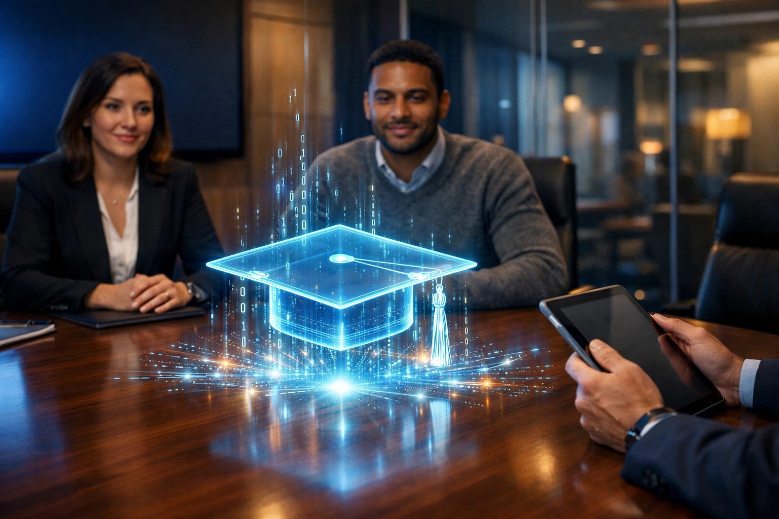 Hiring managers in a boardroom viewing a digital graduation cap, reflecting acceptance of online degrees.