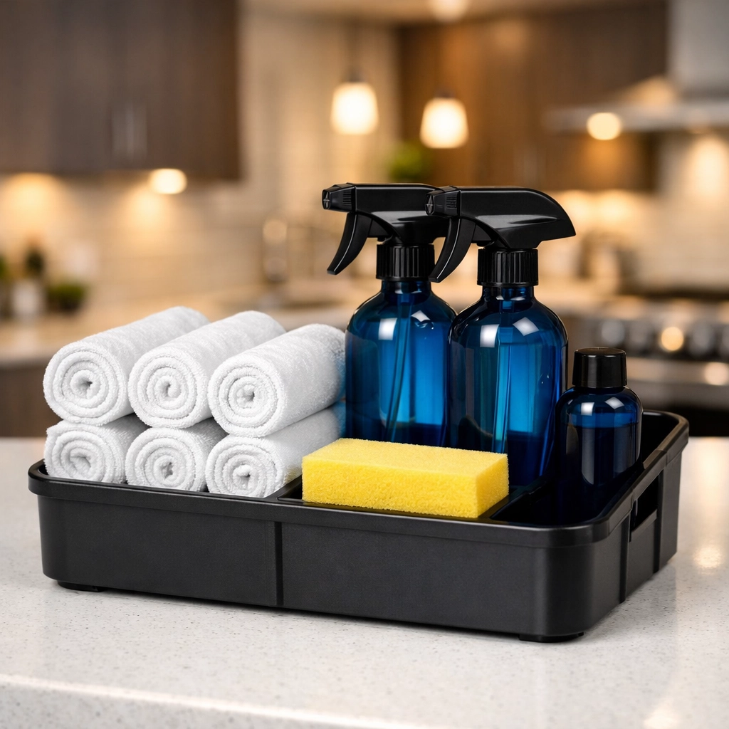 Professional cleaning kit with microfiber towels and spray bottles for a deep cleaning in Littleton.