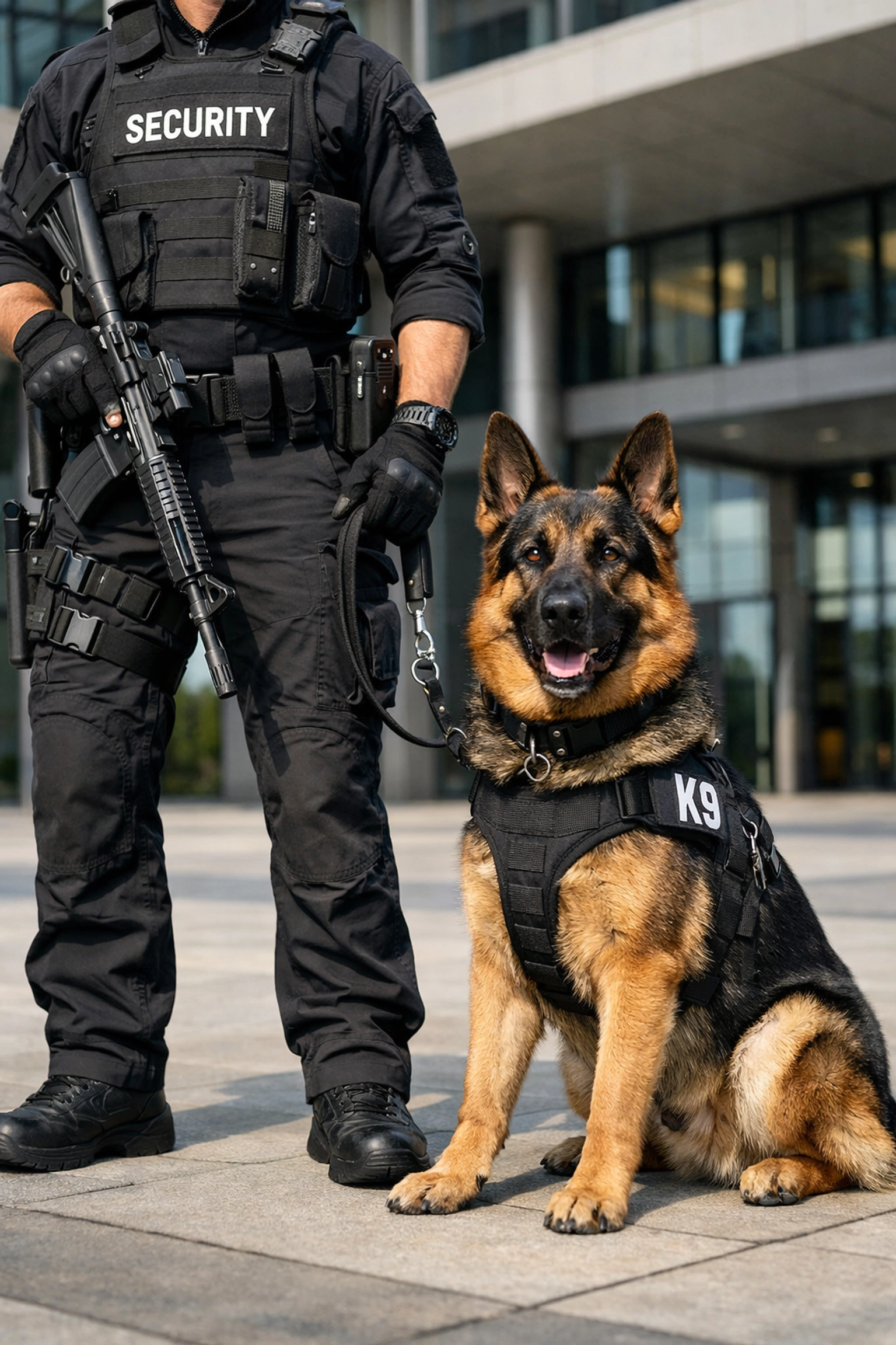 Professional K9 security unit with a trained guard dog and handler protecting a commercial property.